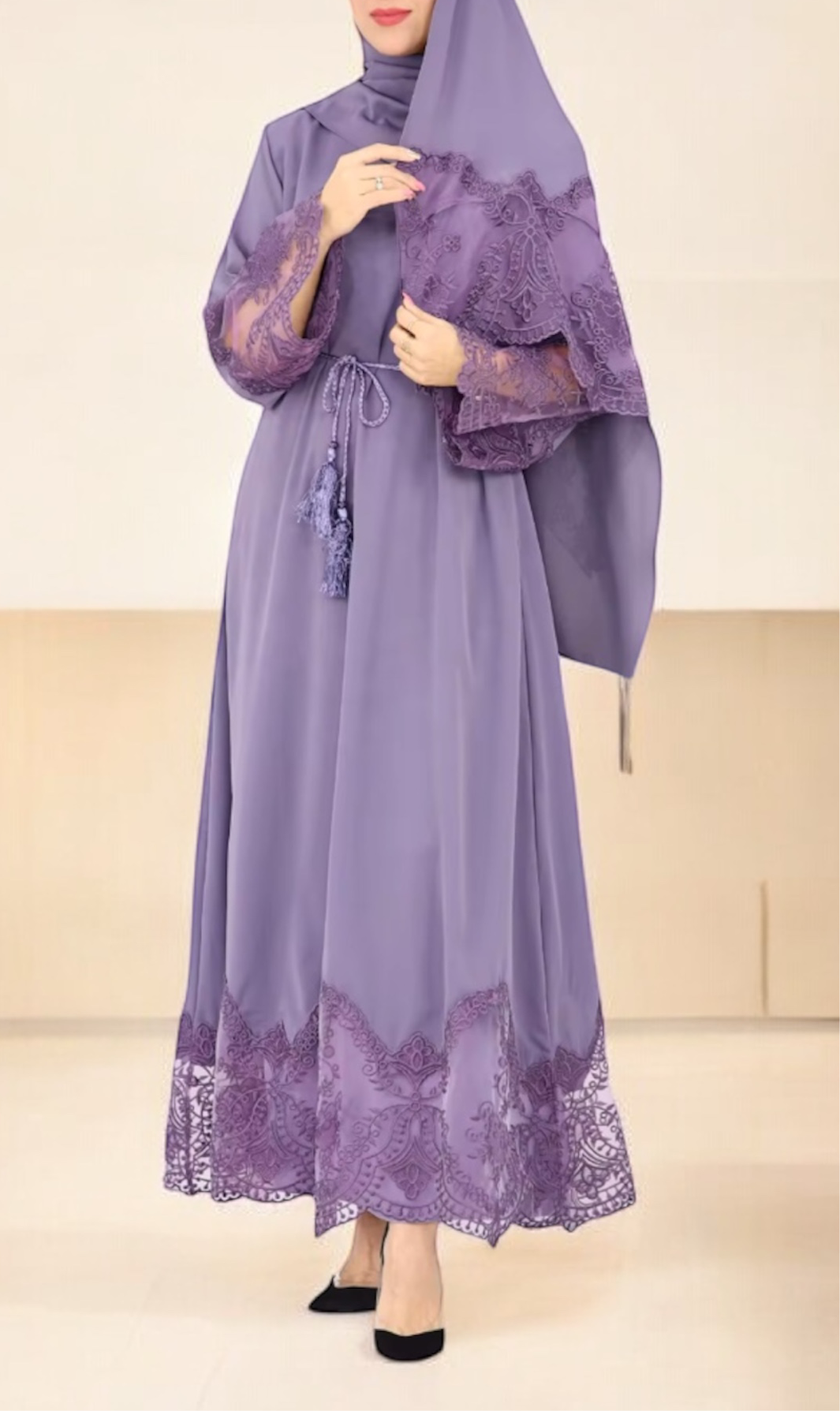 Embroidery Lace Solid Color Nida Abaya Dress