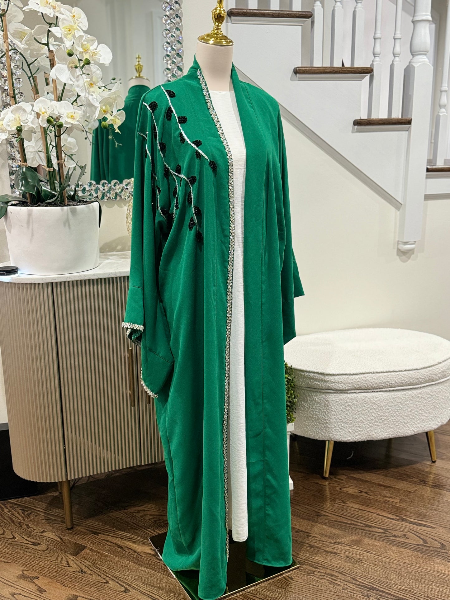 Embellished Black Silver Beaded Wide Sleeves Abaya
