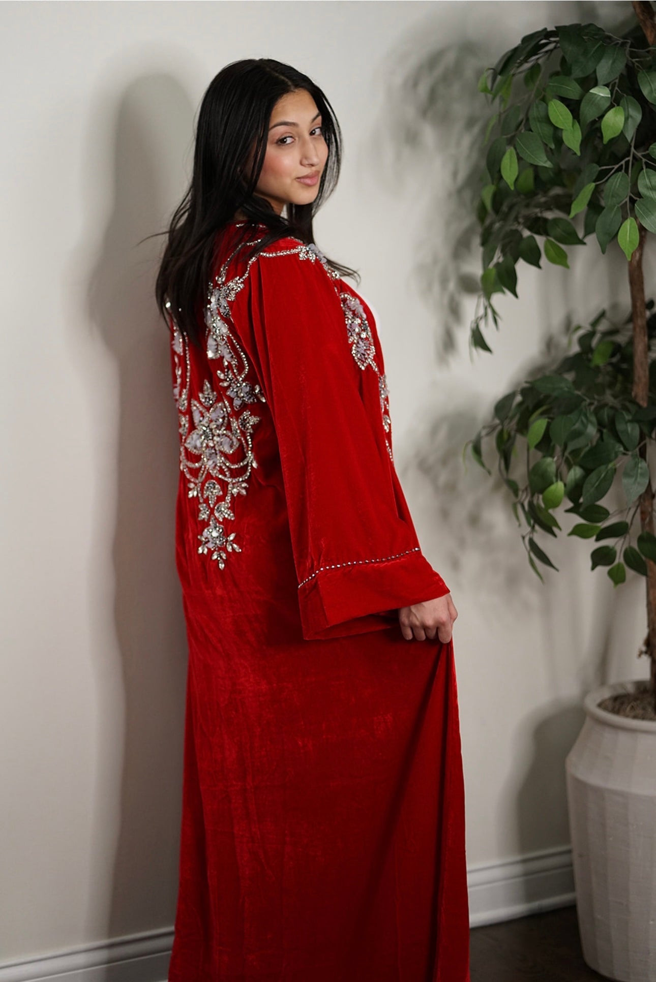 LUXURY VELVET EMBELLISHED FRONT AND BACK EVENING OPEN ABAYA
