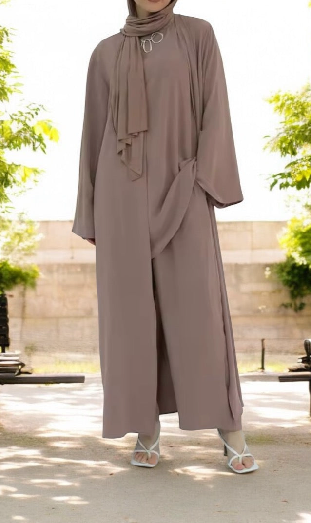 3 Pieces Set Plain Open Abaya Top and Pants Suit Sets