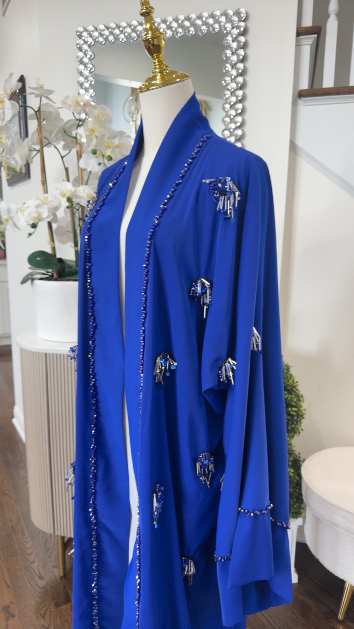 Royal Blue Embellished HandWork Beaded Open Abaya Kimono