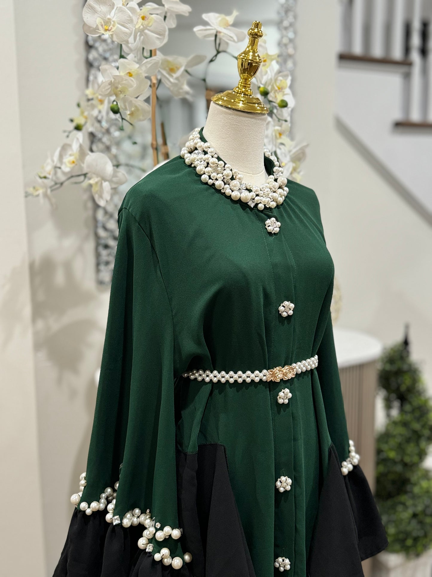 Stunning Pearls/ crystal Neckline Forest Green Dress Abaya