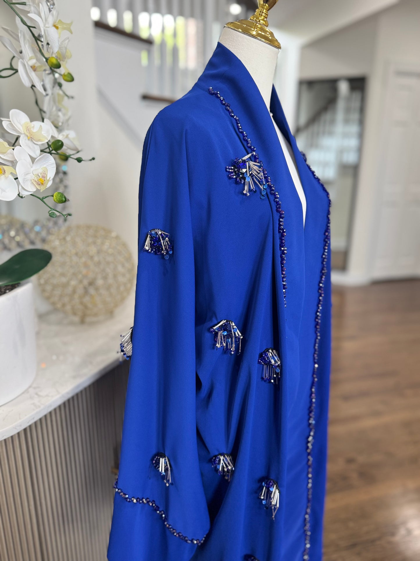 Royal Blue Embellished HandWork Beaded Open Abaya Kimono