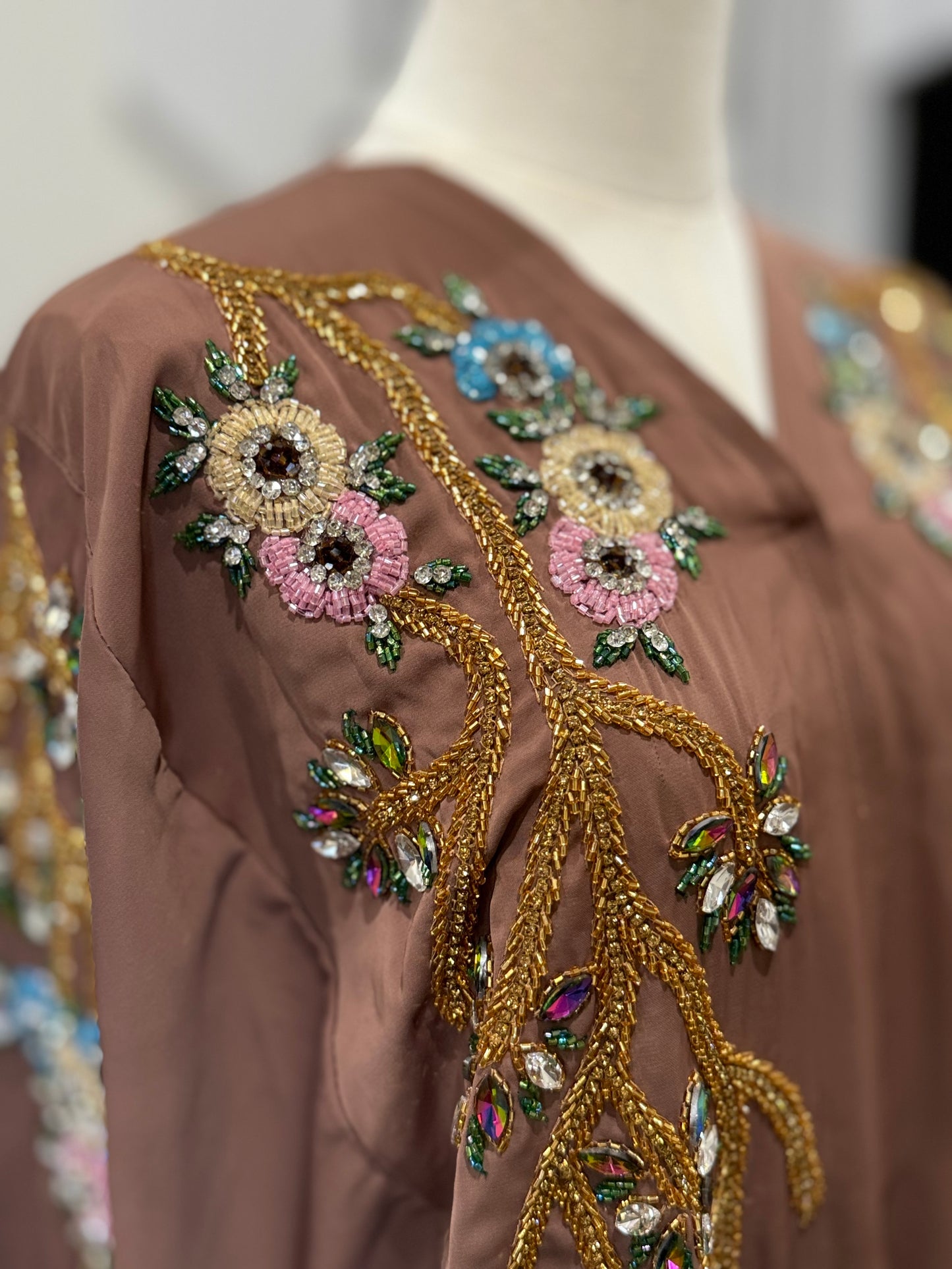 Handwork Embellished Colored beads Luxury Butterfly Cape Opne Abaya Camel Color
