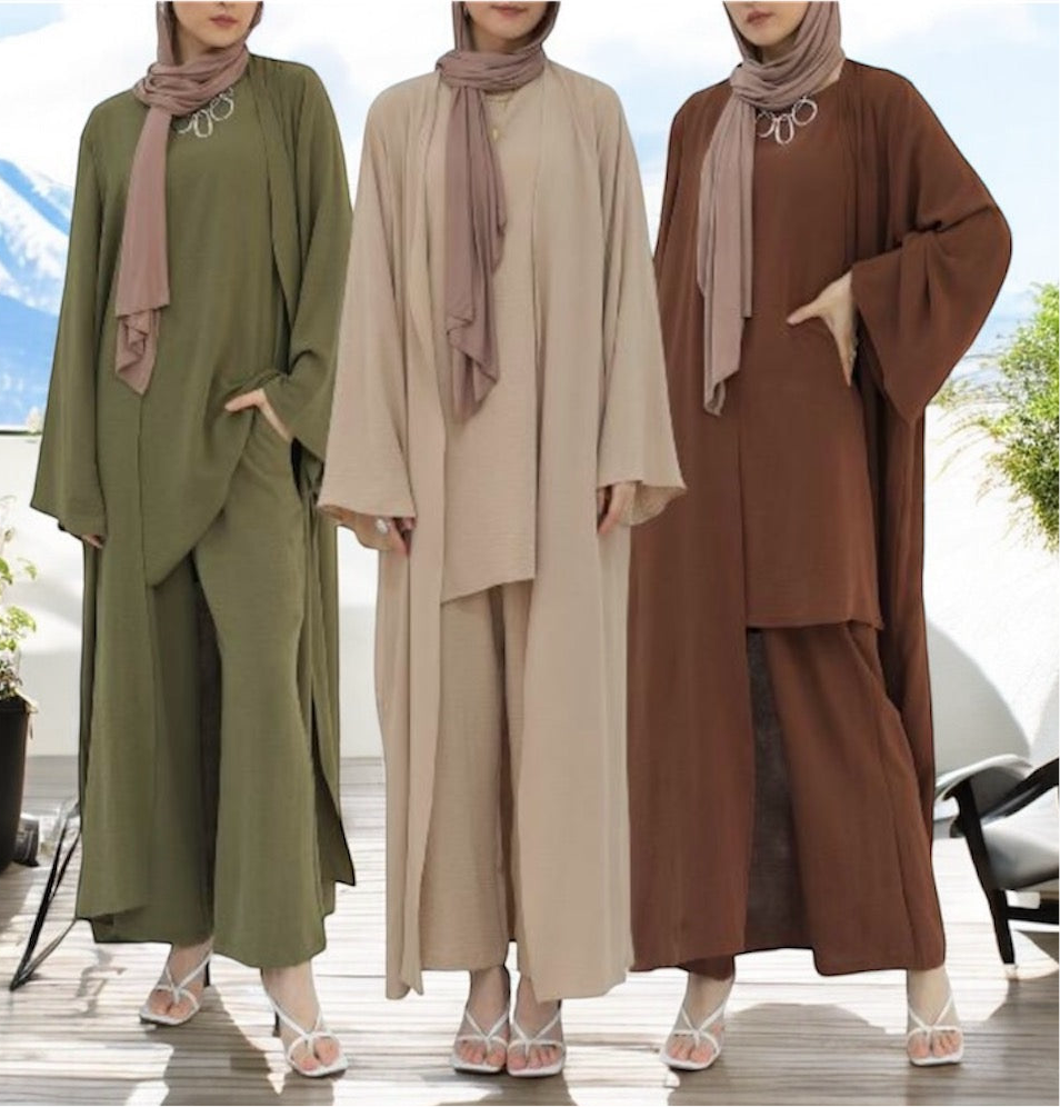 3 Pieces Set Plain Open Abaya Top and Pants Suit Sets