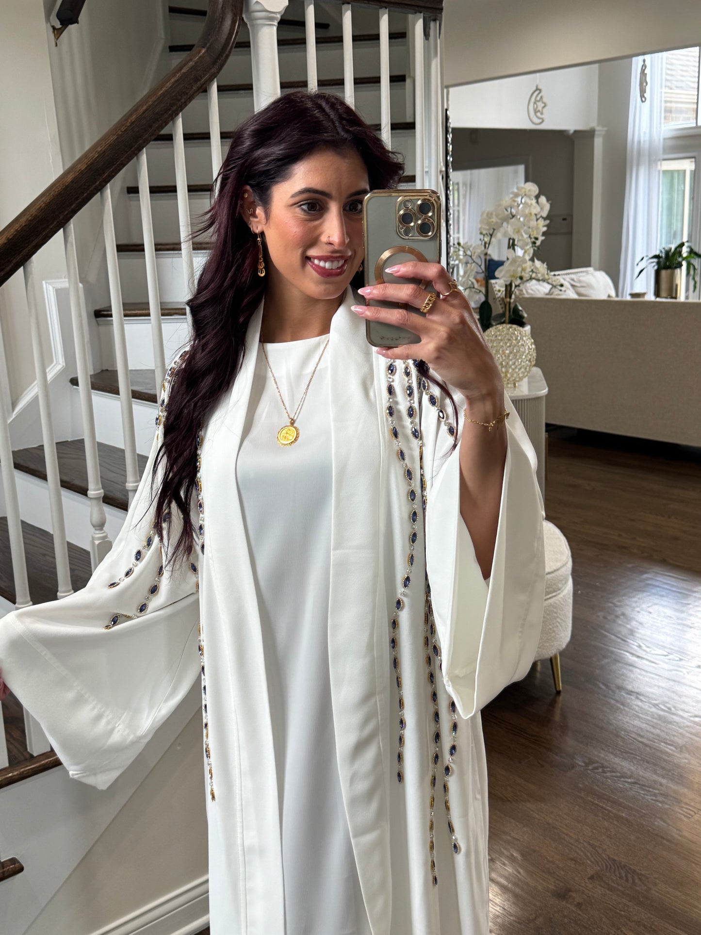 Embellished Open Abaya With Handwork Glass Beads wide Sleeves