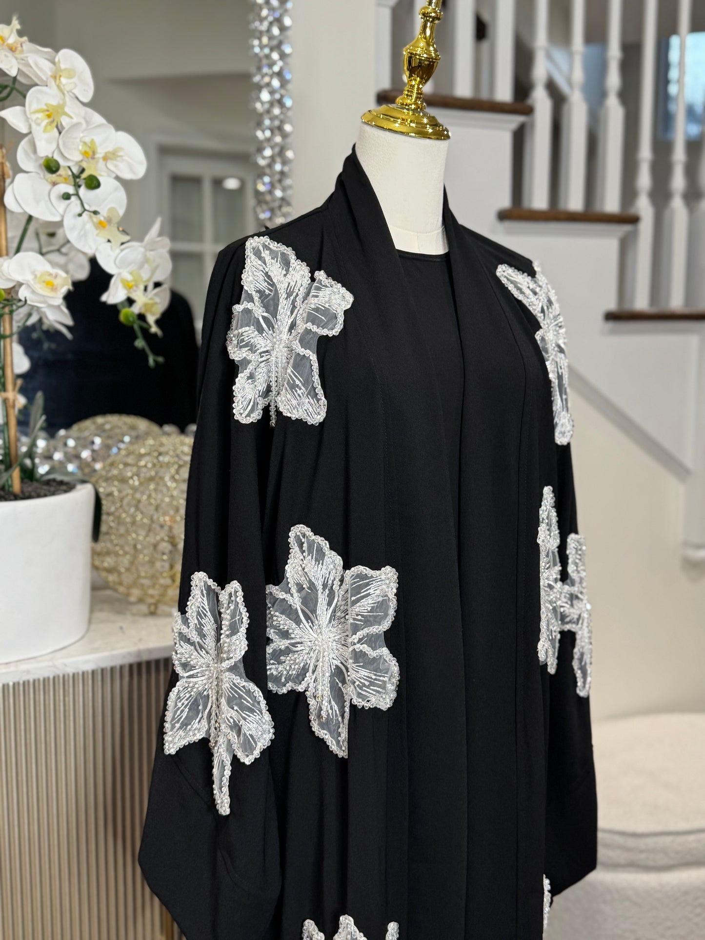 Lace Blossoms Cequin Floral Detailing on a Luxurious Open Abaya