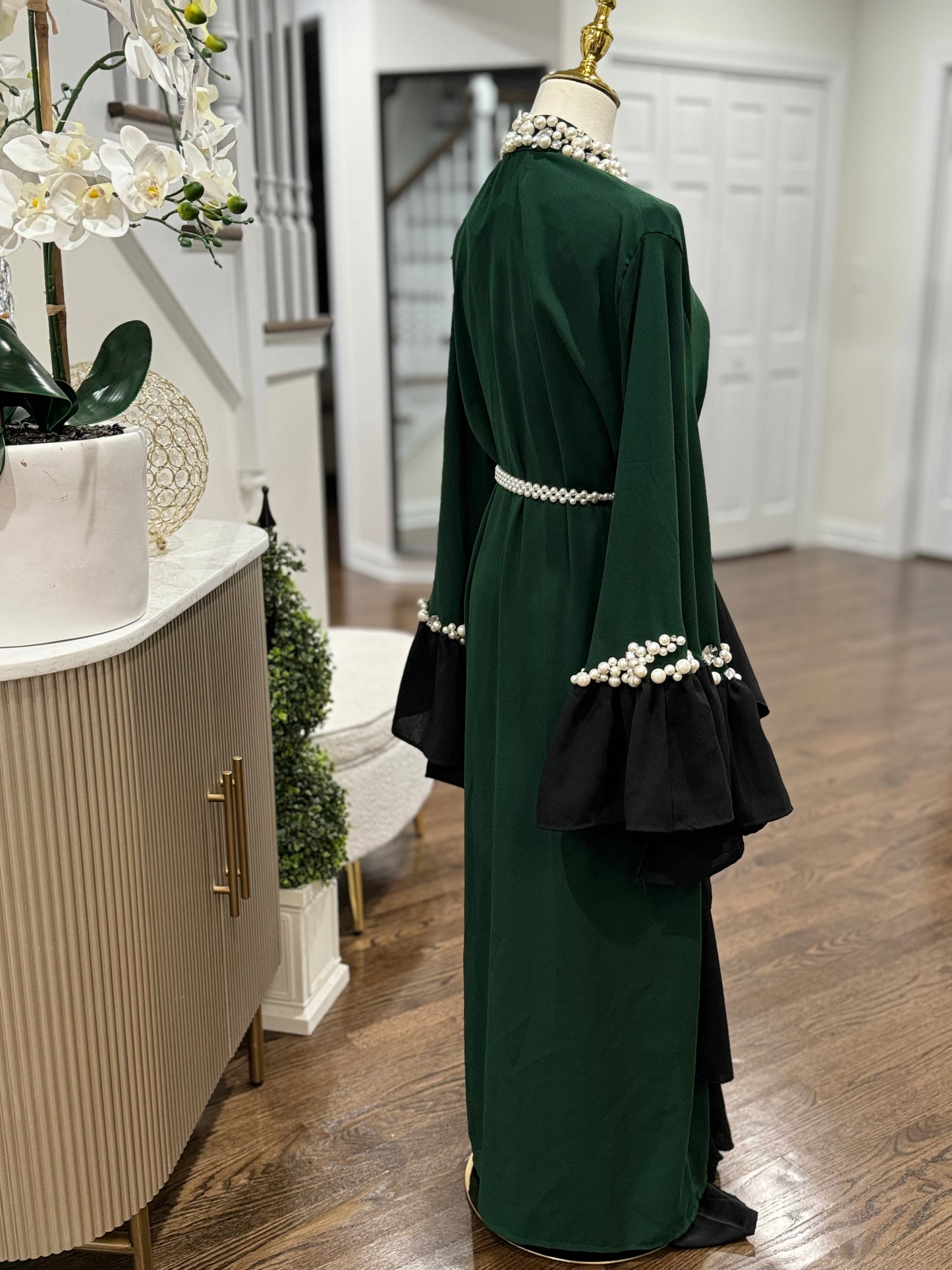 Stunning Pearls/ crystal Neckline Forest Green Dress Abaya