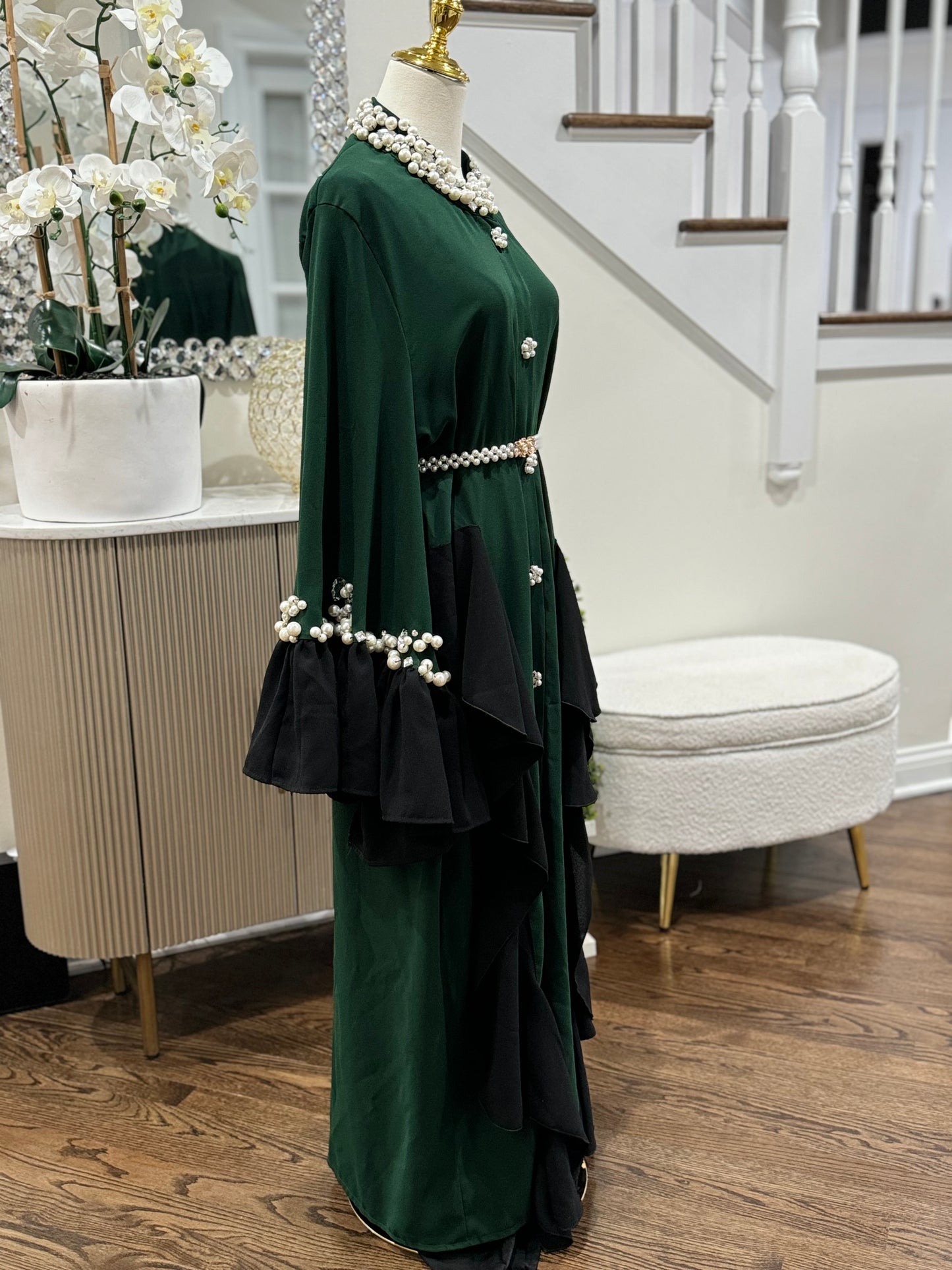 Stunning Pearls/ crystal Neckline Forest Green Dress Abaya