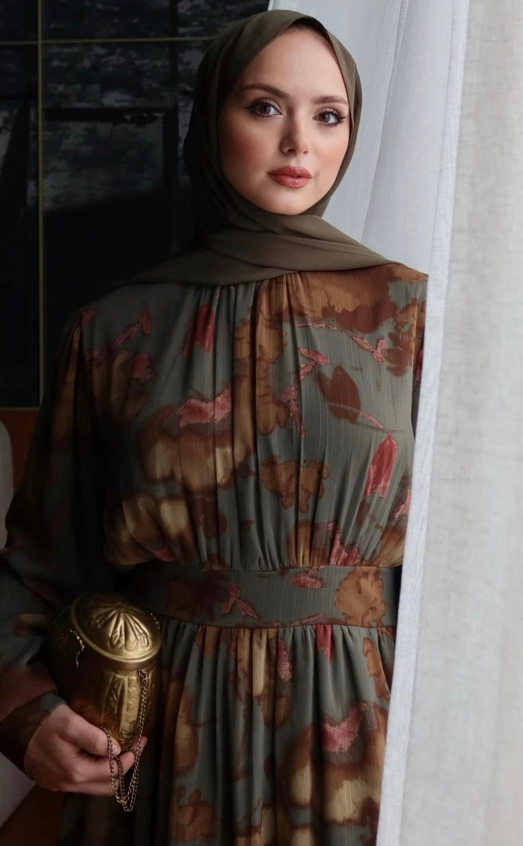 Olive Silk-Touch Bishop Sleeve Dress