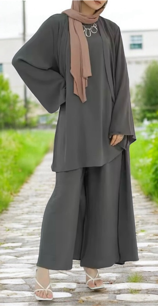 3 Pieces Set Plain Open Abaya Top and Pants Suit Sets