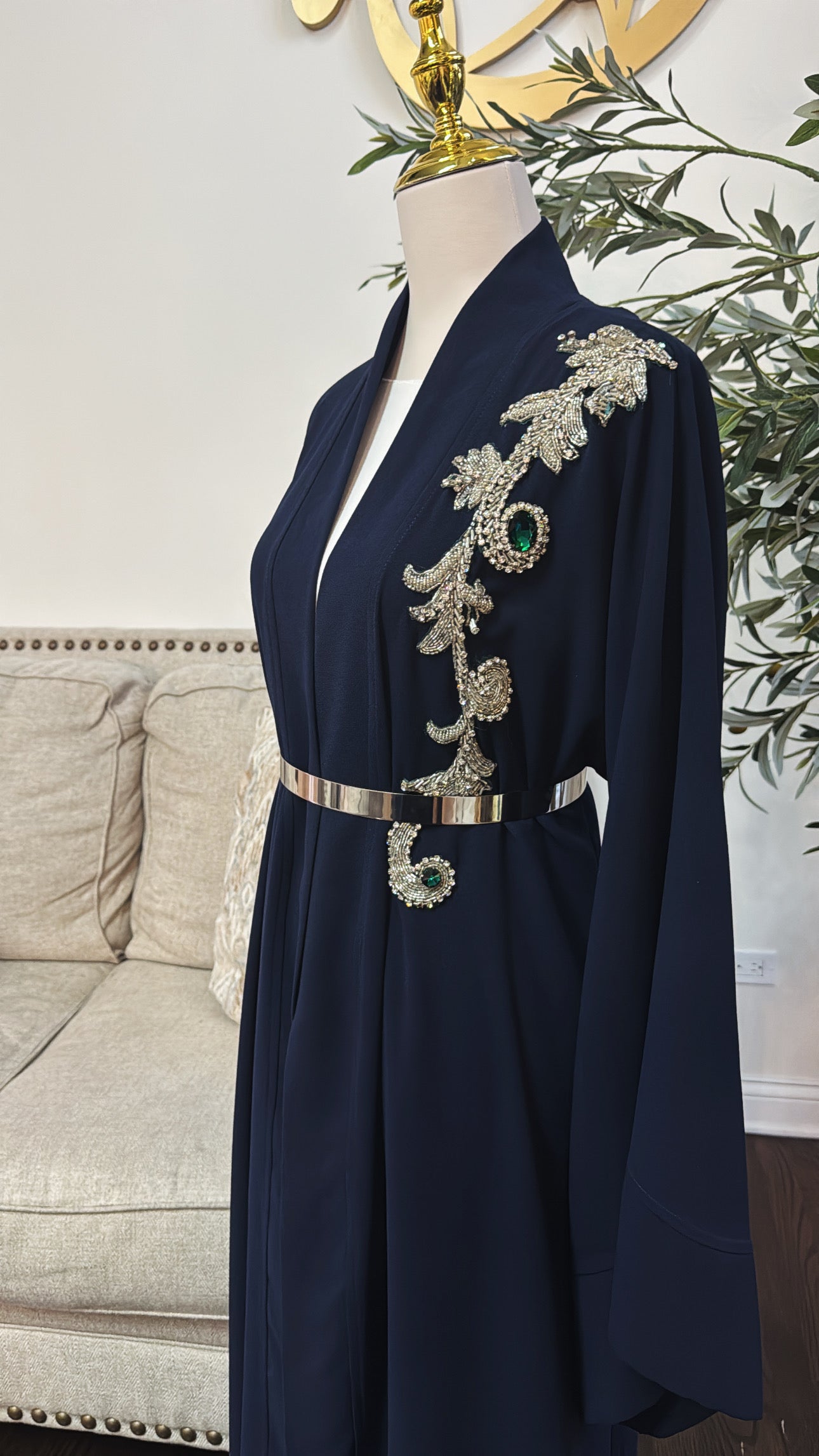 Navy Blue Embellished Bead Open Abaya