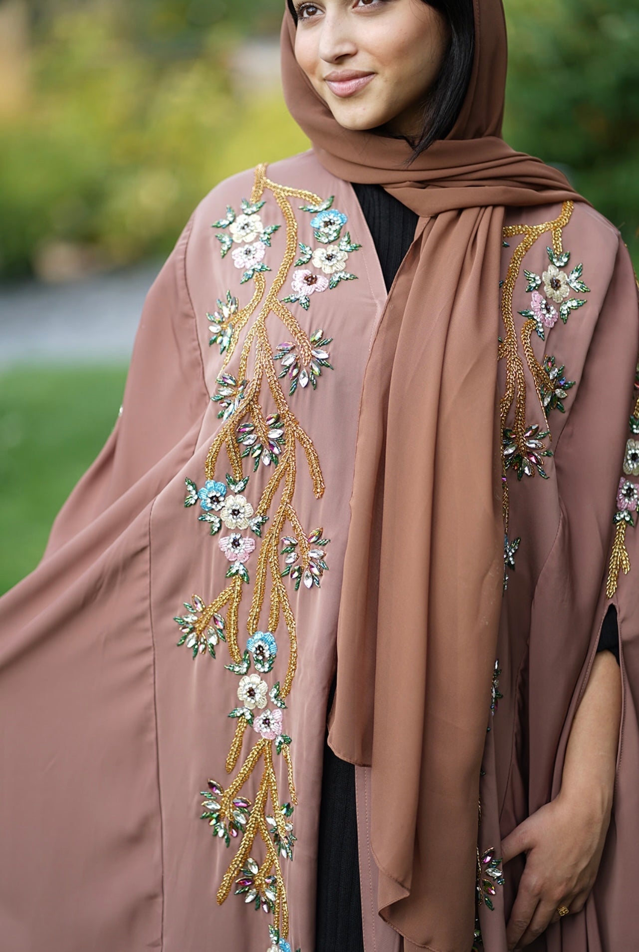 Handwork Embellished Colored beads Luxury Butterfly Cape Opne Abaya Camel Color