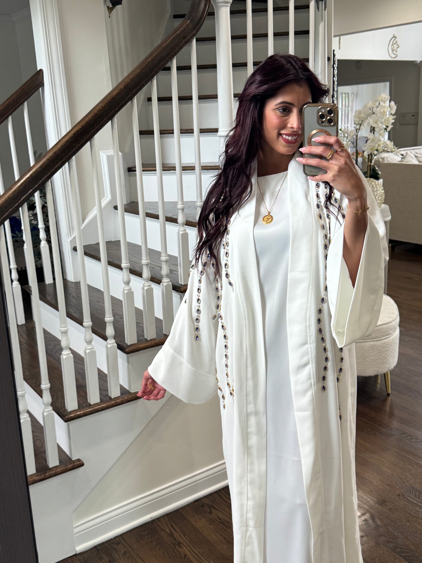Embellished Open Abaya With Handwork Glass Beads wide Sleeves