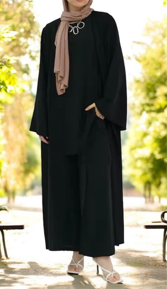 3 Pieces Set Plain Open Abaya Top and Pants Suit Sets