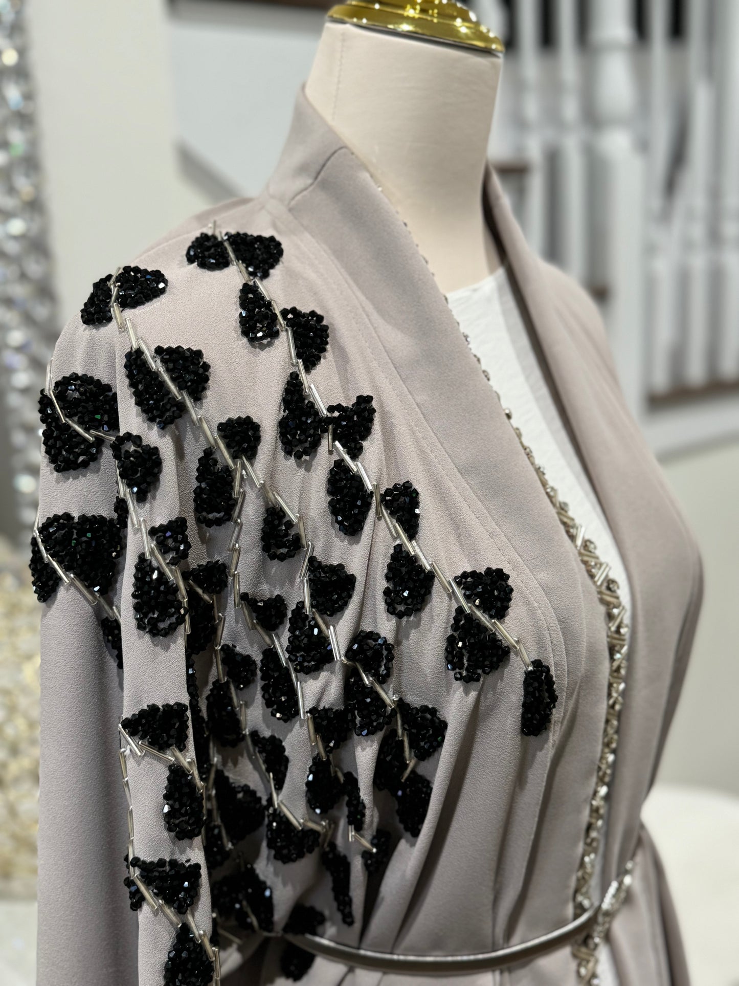 Embellished Black Silver Beaded Wide Sleeves Abaya
