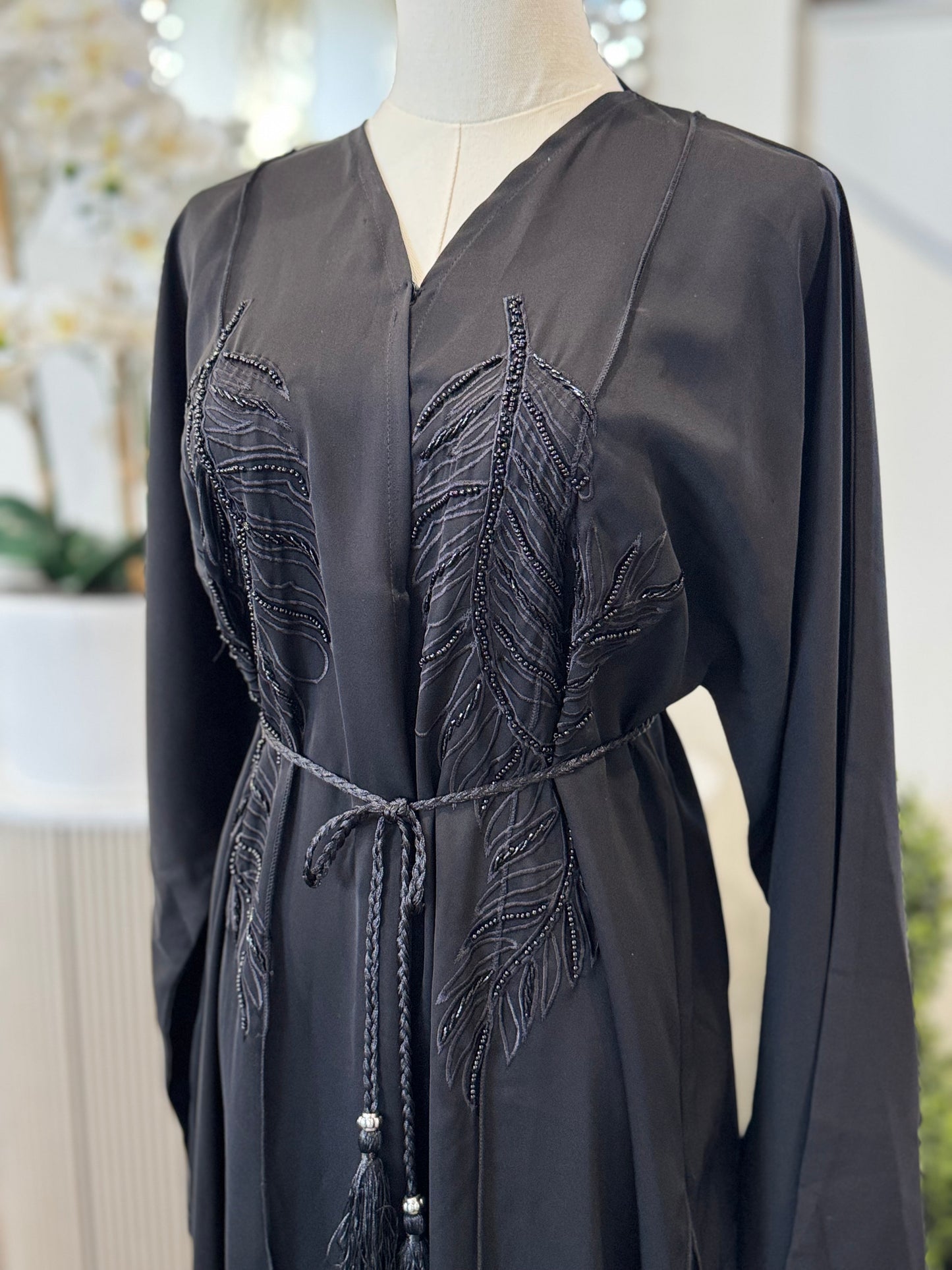 Black Dubai Satin Abaya With Beaded Feather Design