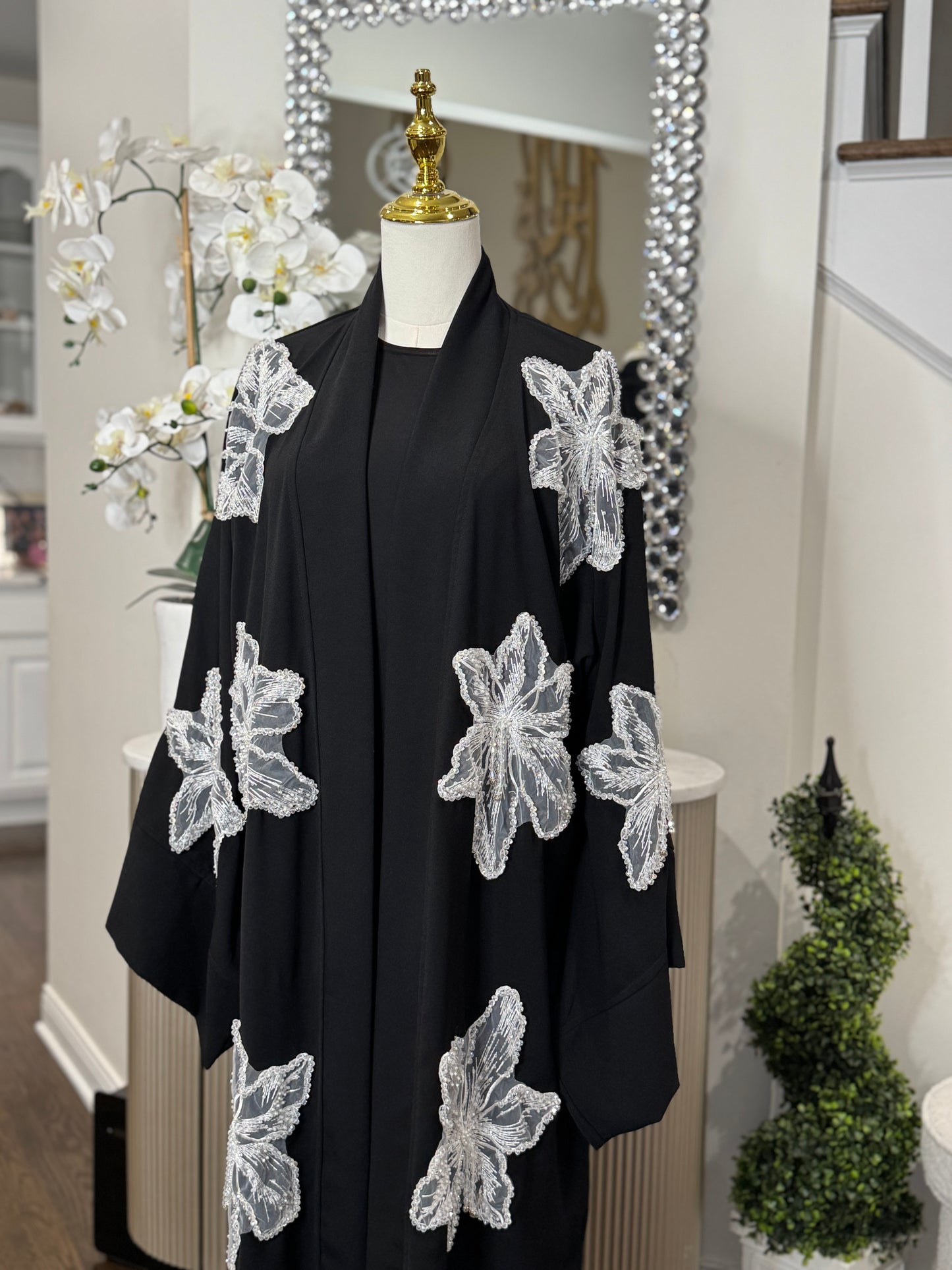 Lace Blossoms Cequin Floral Detailing on a Luxurious Open Abaya