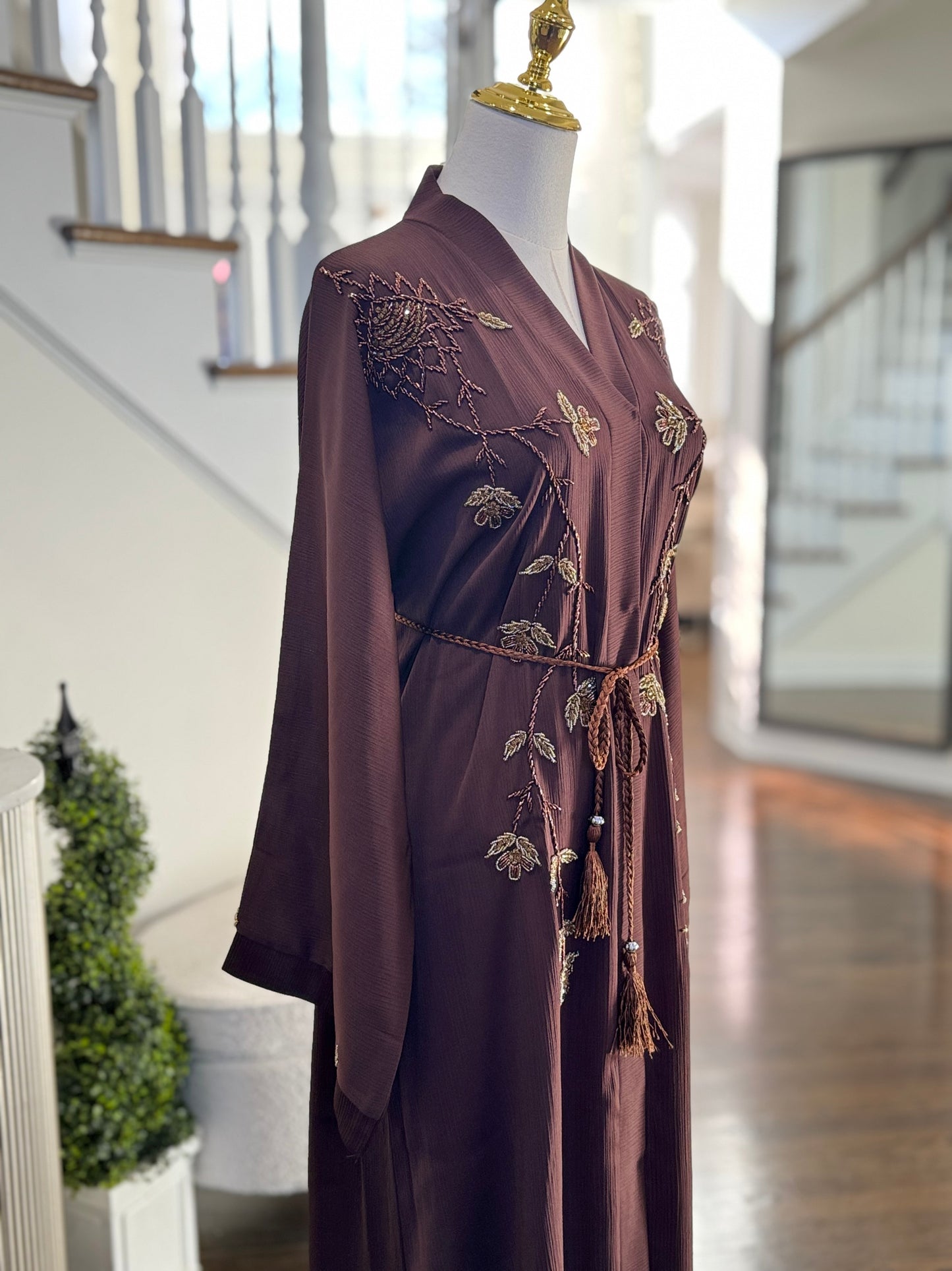Brown Embellished Dubai Satin Abaya