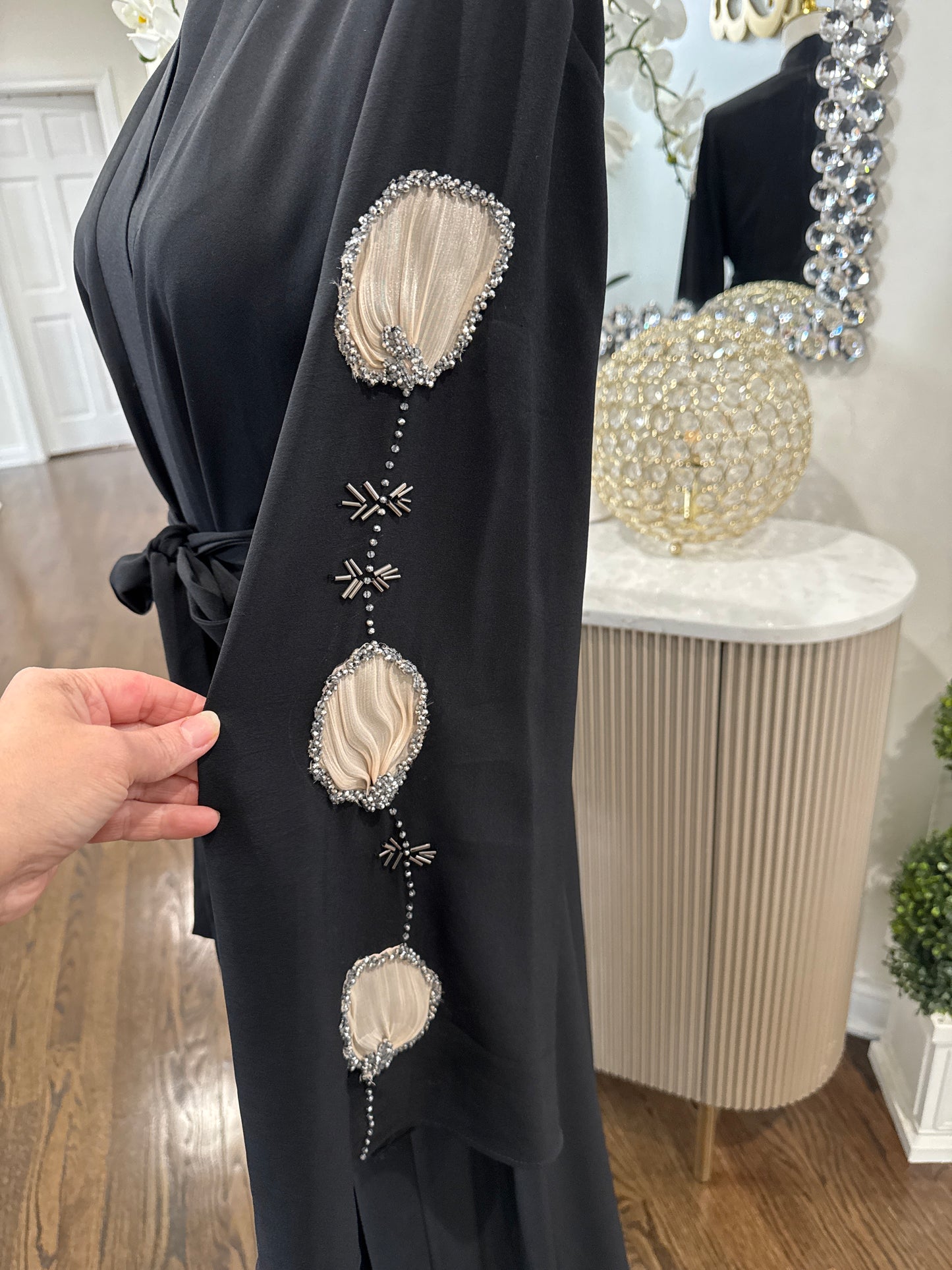 Black Embellished Organza Handwork Flower Abaya set