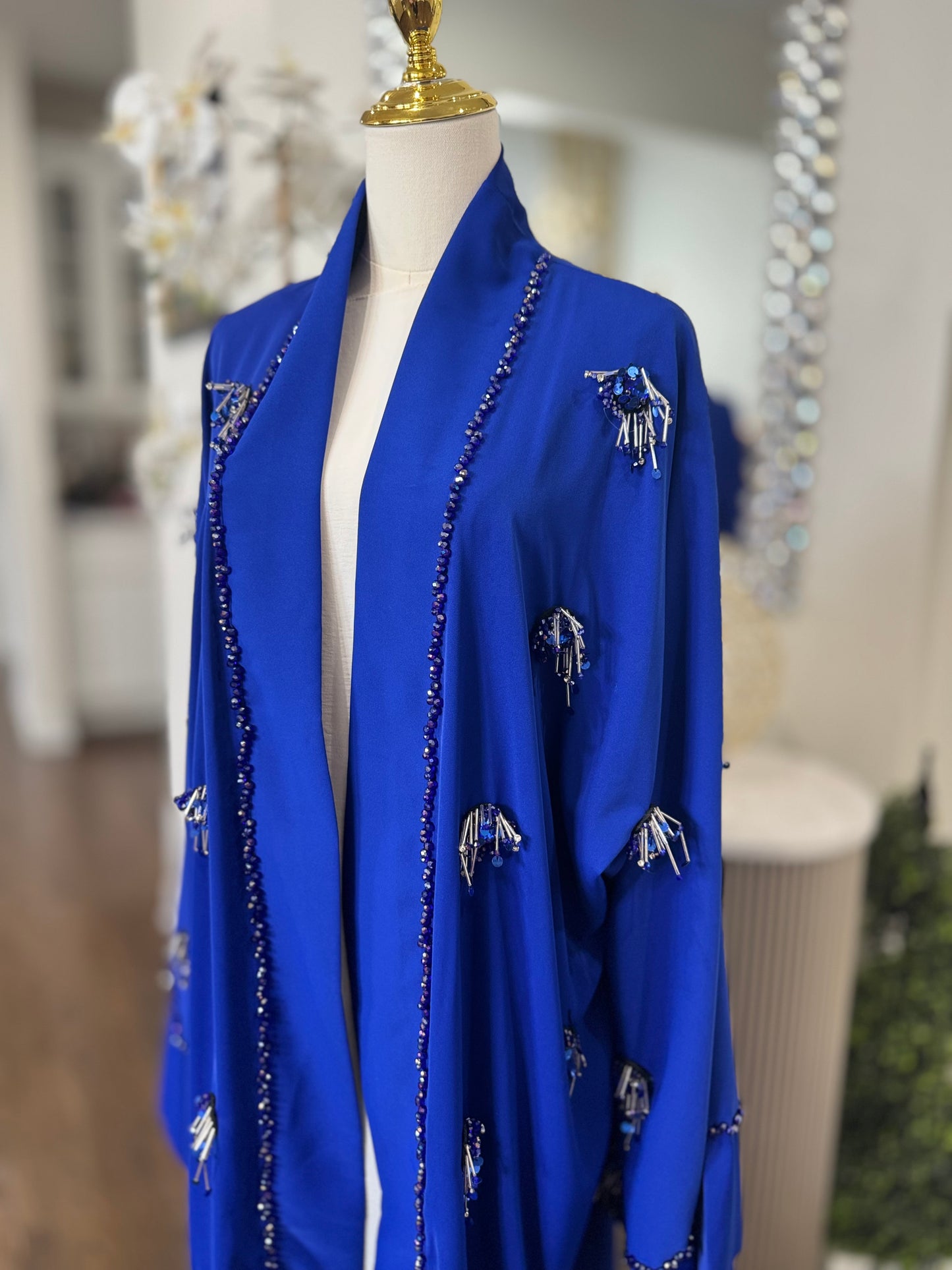 Royal Blue Embellished HandWork Beaded Open Abaya Kimono