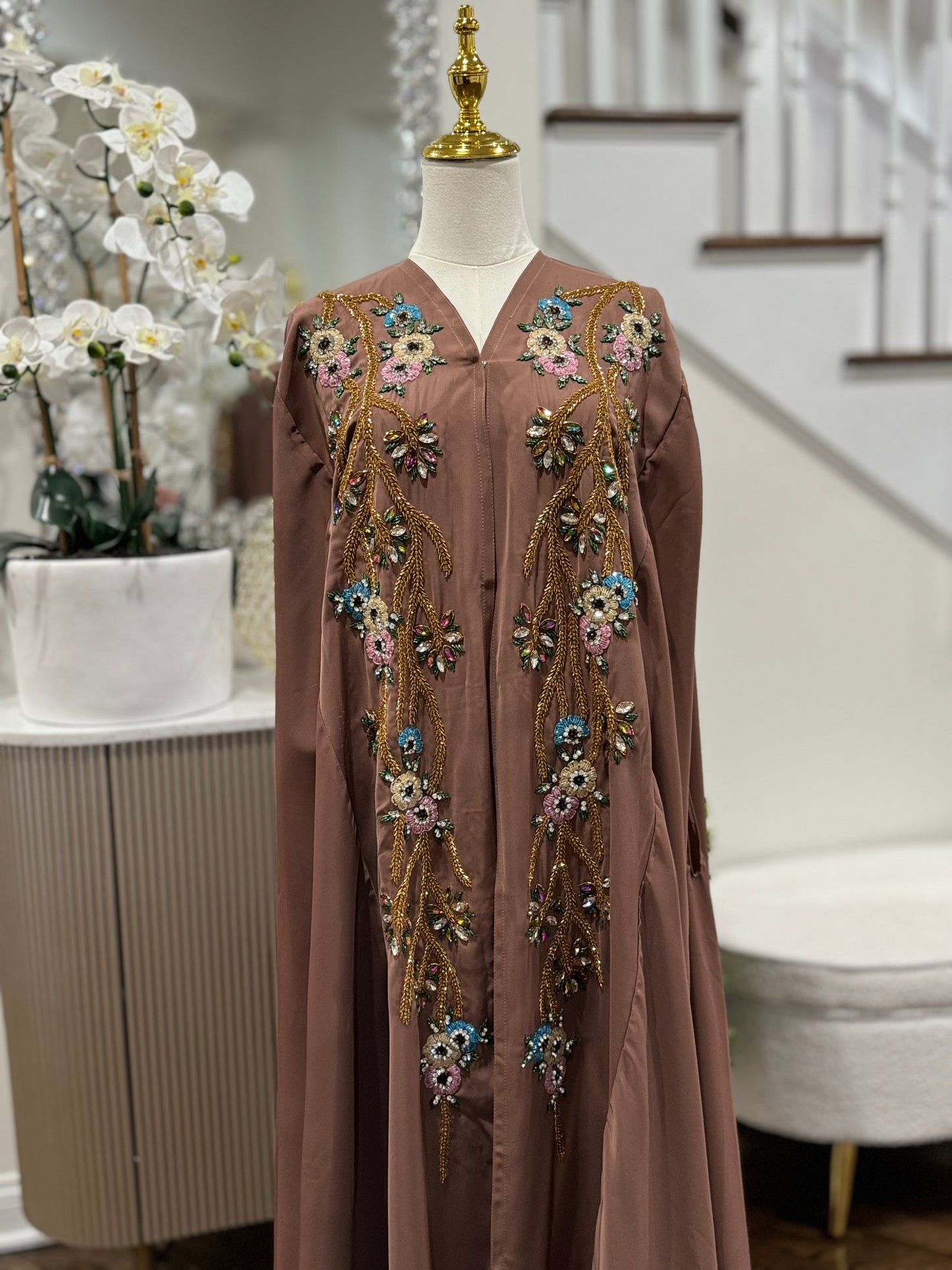 Handwork Embellished Colored beads Luxury Butterfly Cape Opne Abaya Camel Color