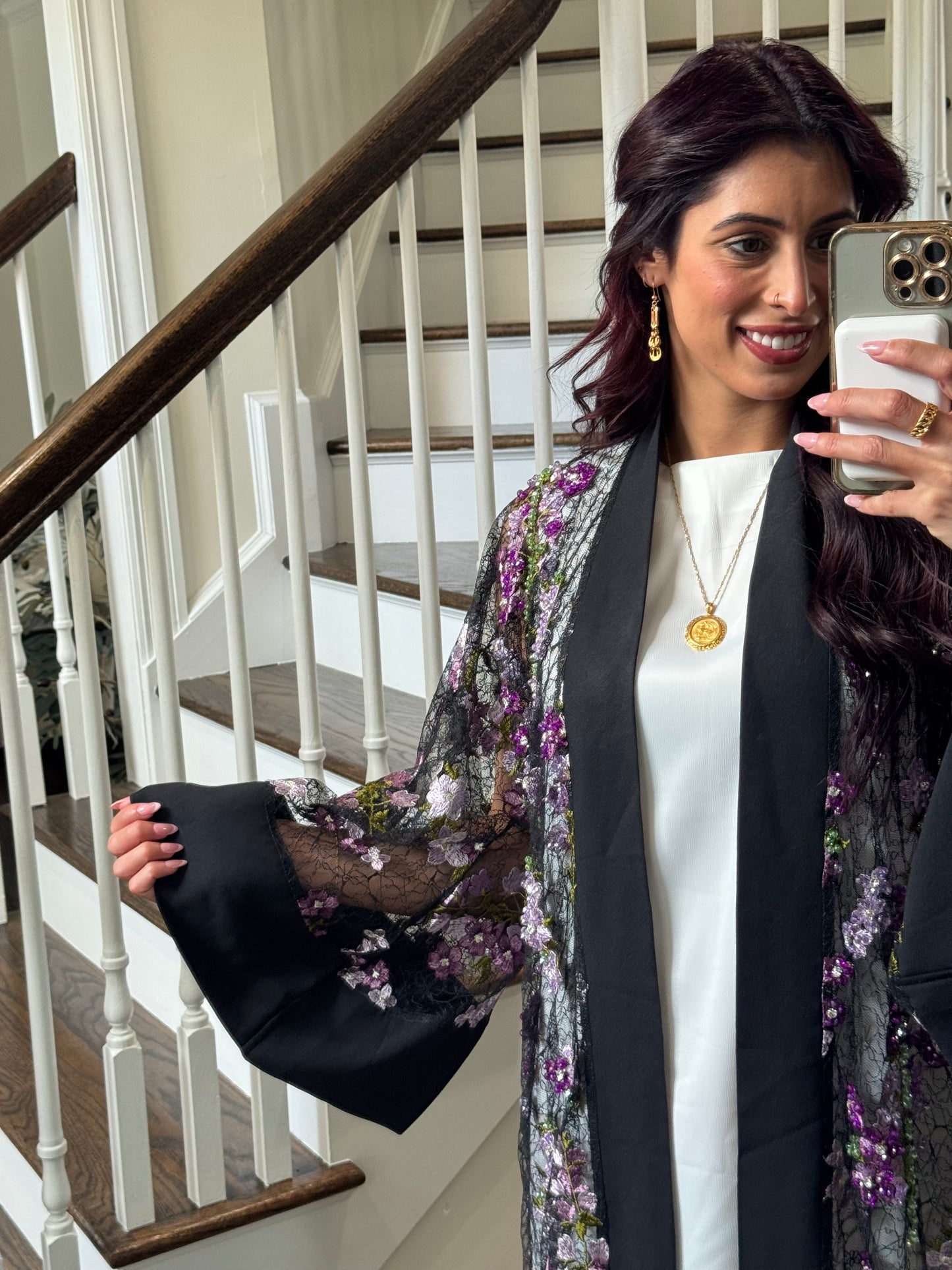 Handwork Embroidered and Beaded Mesh Black Abaya with Wide Sleeves
