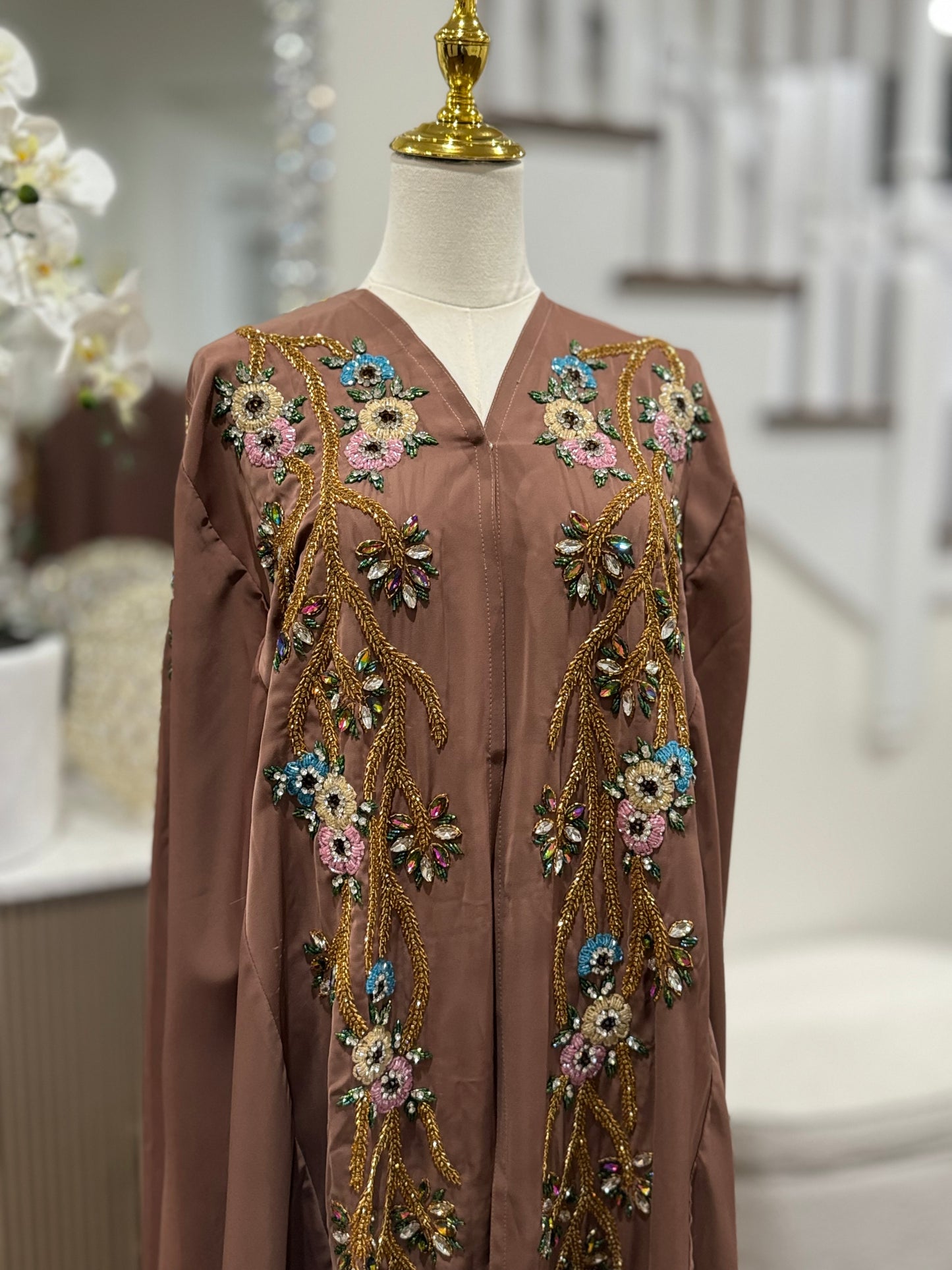 Handwork Embellished Colored beads Luxury Butterfly Cape Opne Abaya Camel Color