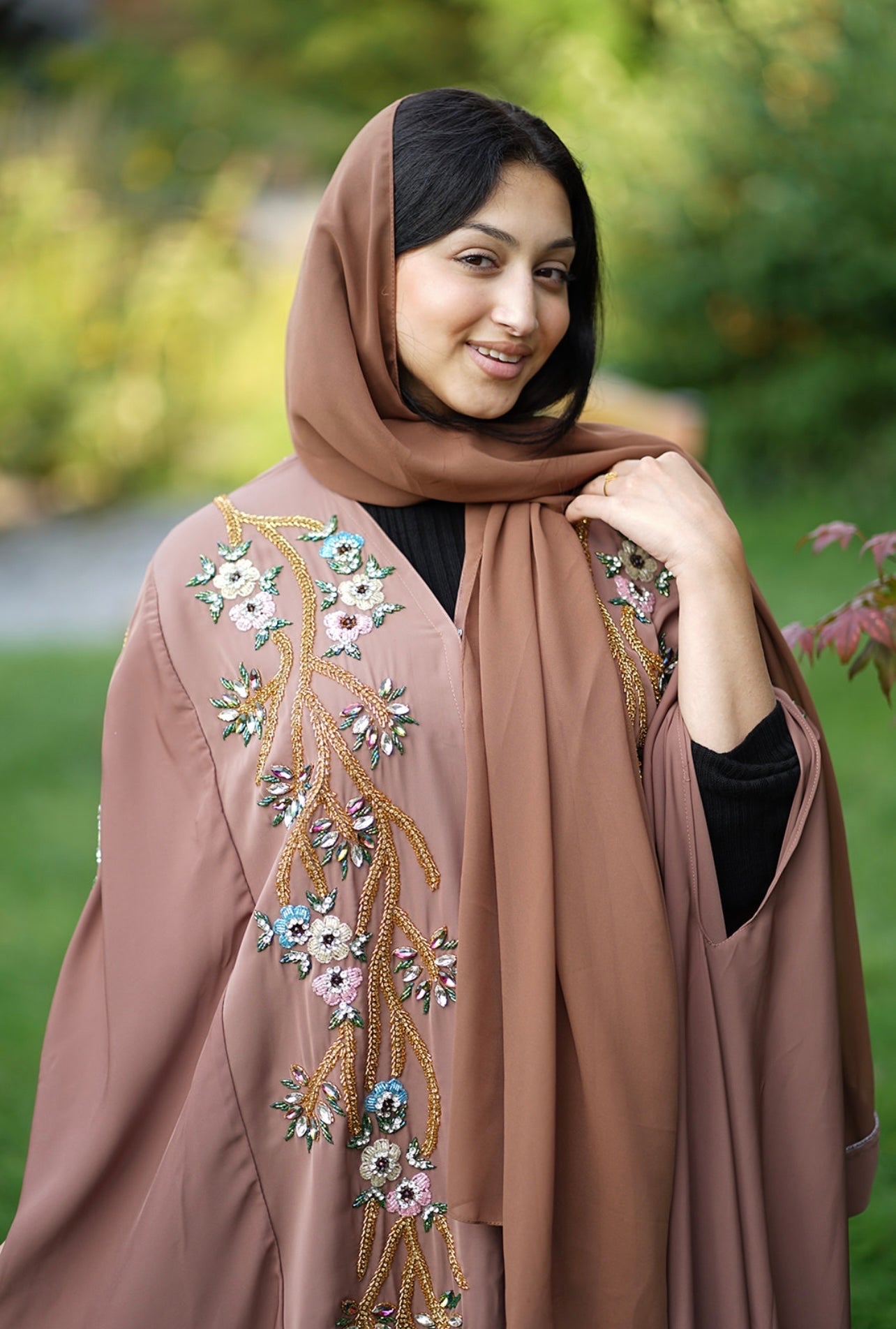 Handwork Embellished Colored beads Luxury Butterfly Cape Opne Abaya Camel Color