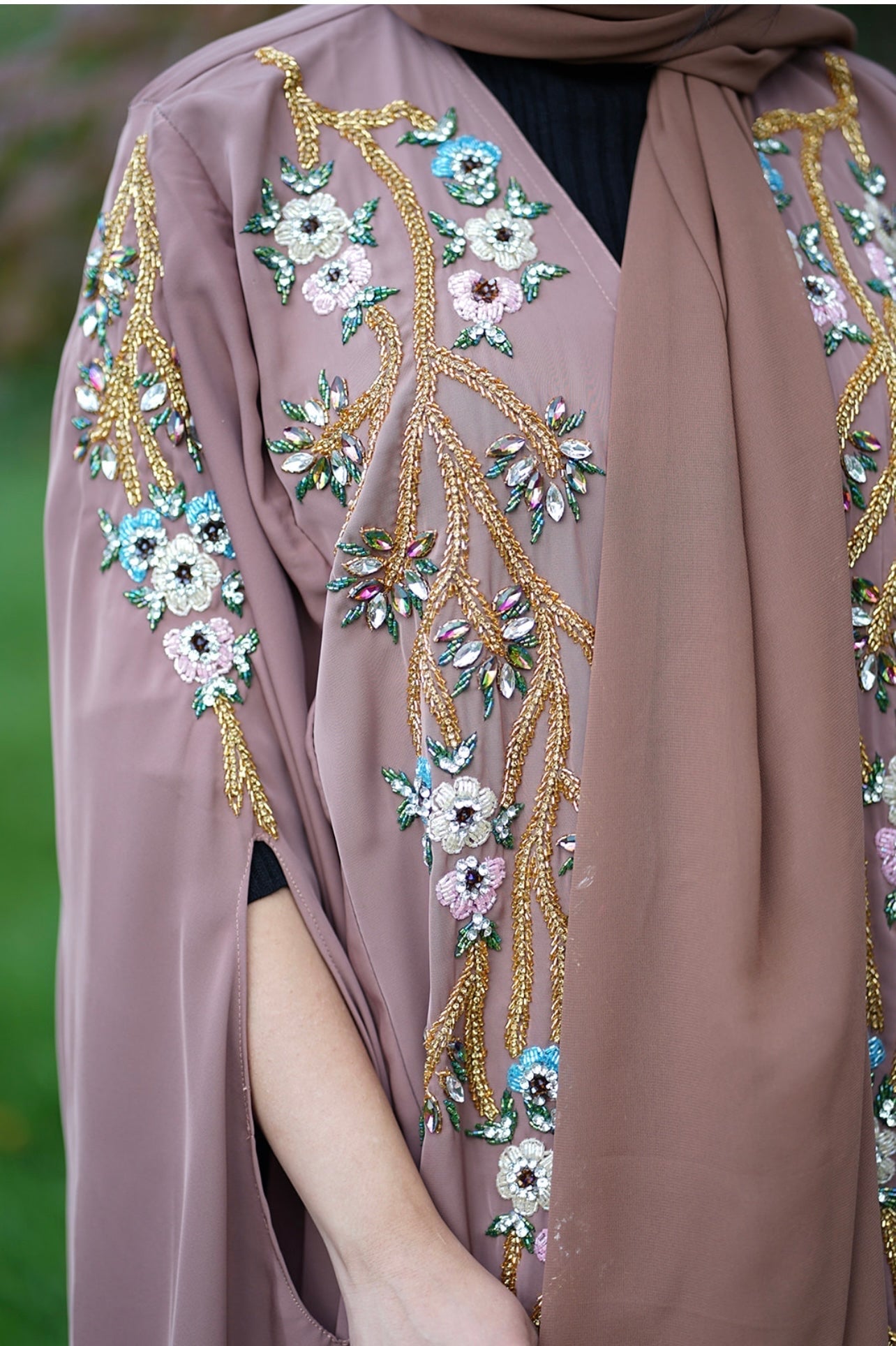 Handwork Embellished Colored beads Luxury Butterfly Cape Opne Abaya Camel Color
