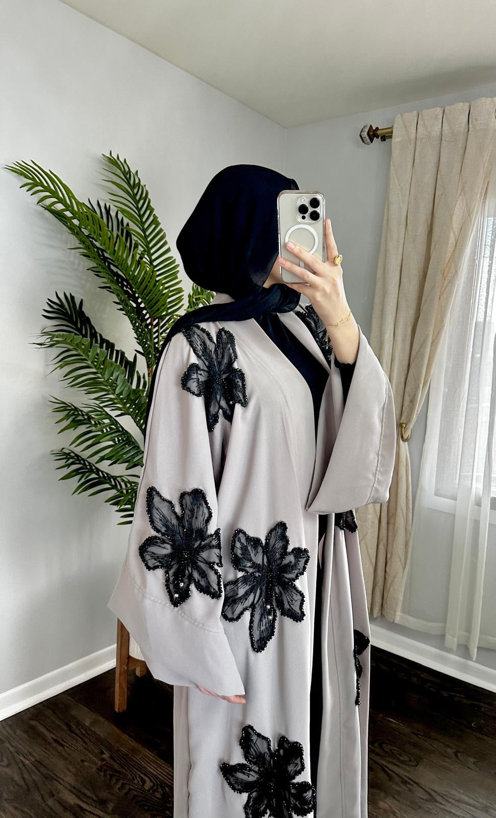 Lace Blossoms Cequin Floral Detailing on a Luxurious Open Abaya