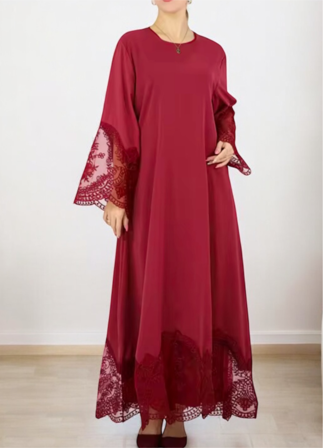 Embroidery Lace Solid Color Nida Abaya Dress