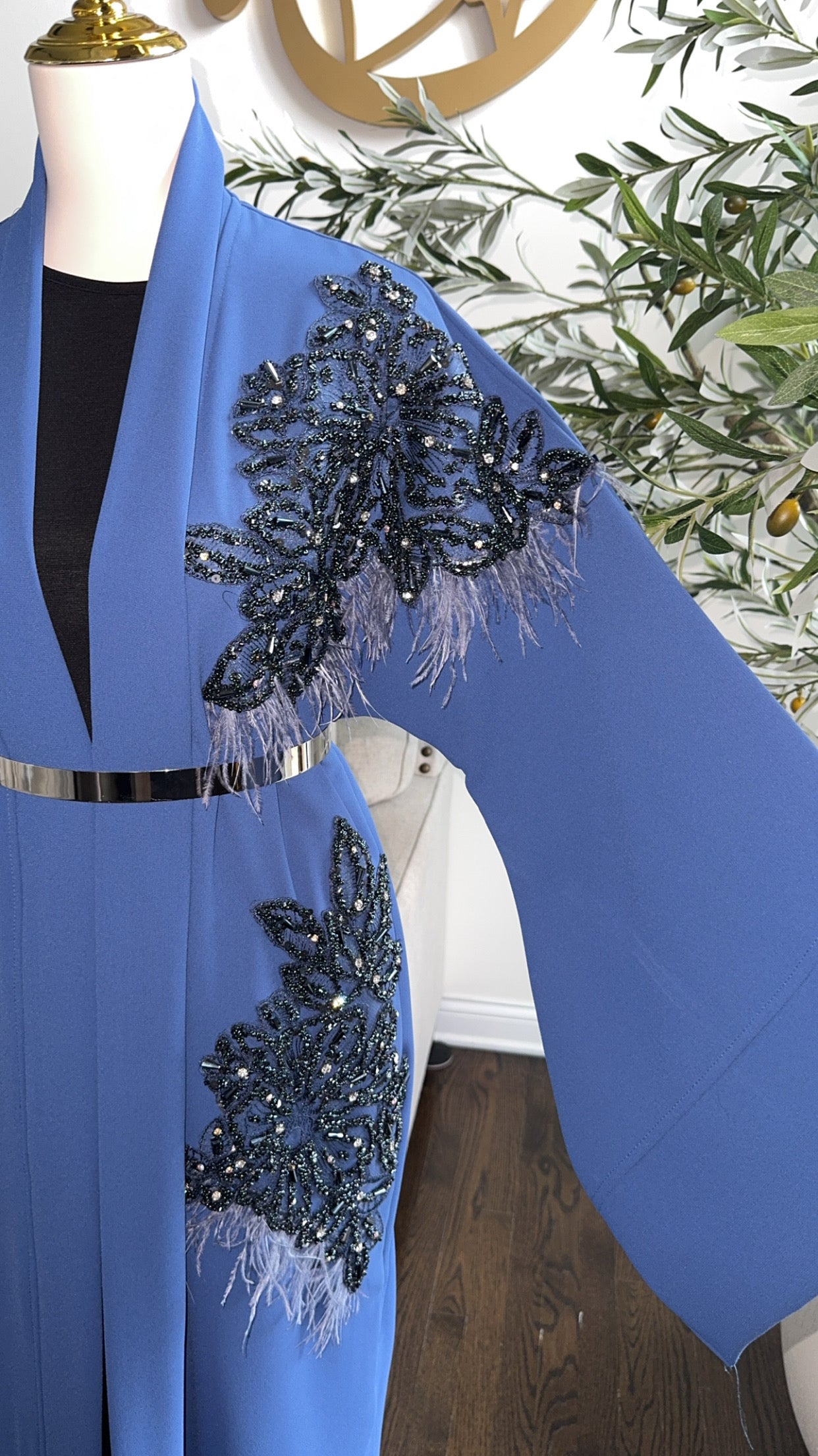 Royal blue Embroidered Embellished Feather Open Abaya
