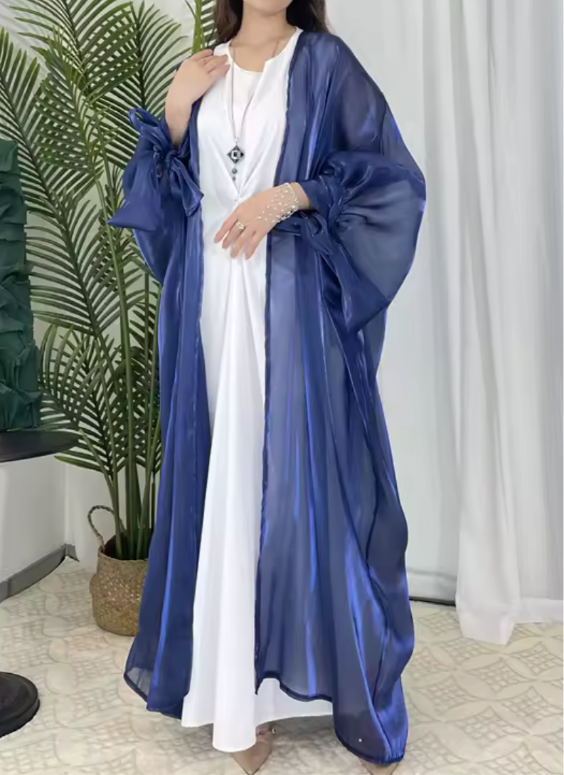 Shiny Puff Sleeve Organza Open Abaya