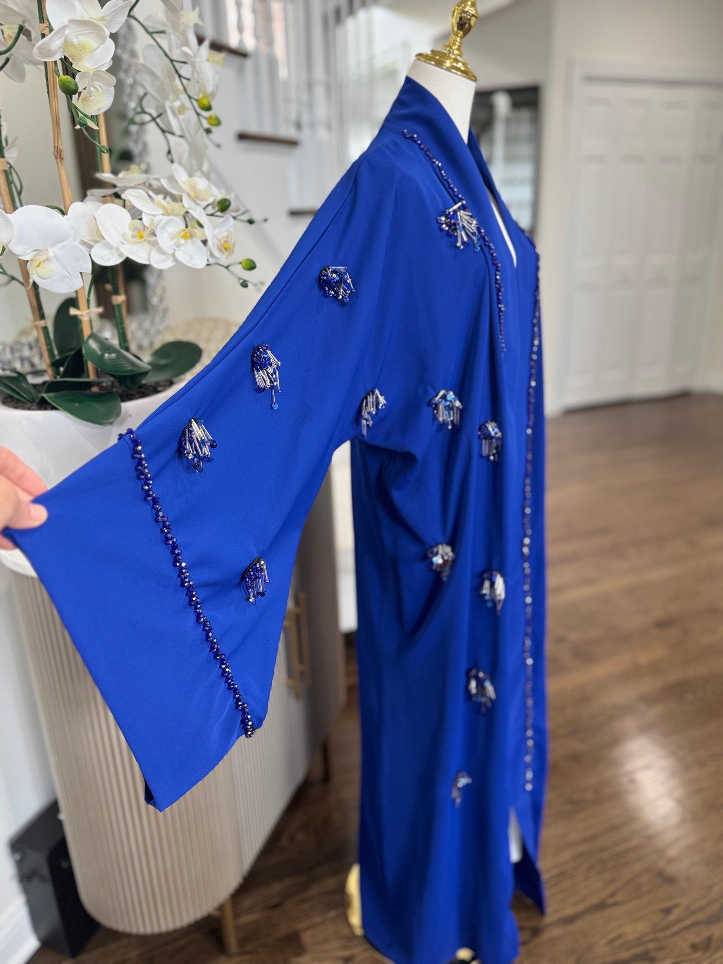 Royal Blue Embellished HandWork Beaded Open Abaya Kimono