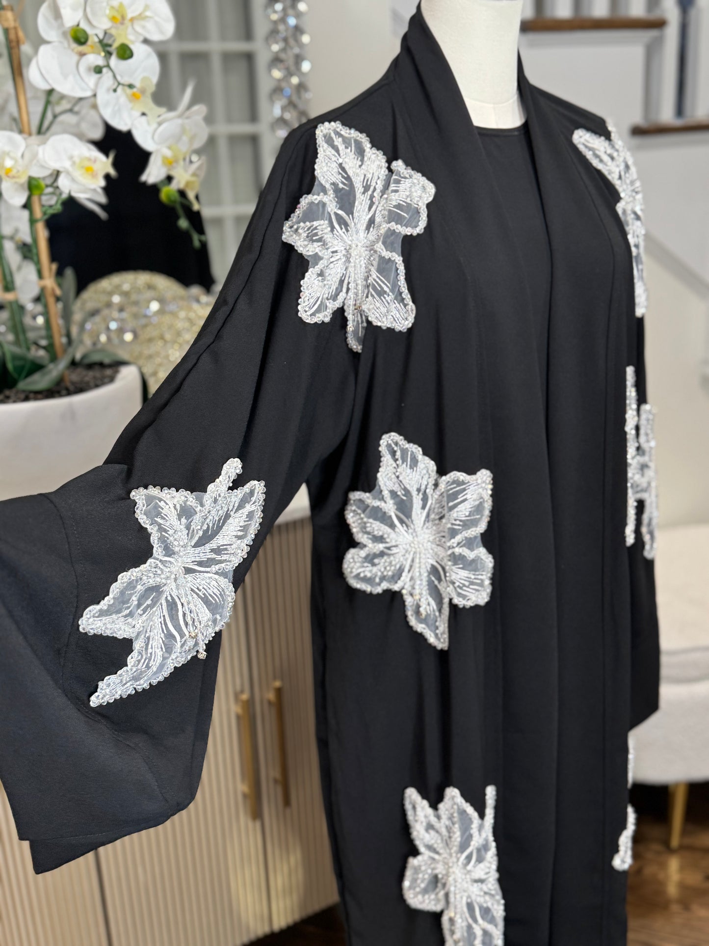 Lace Blossoms Cequin Floral Detailing on a Luxurious Open Abaya