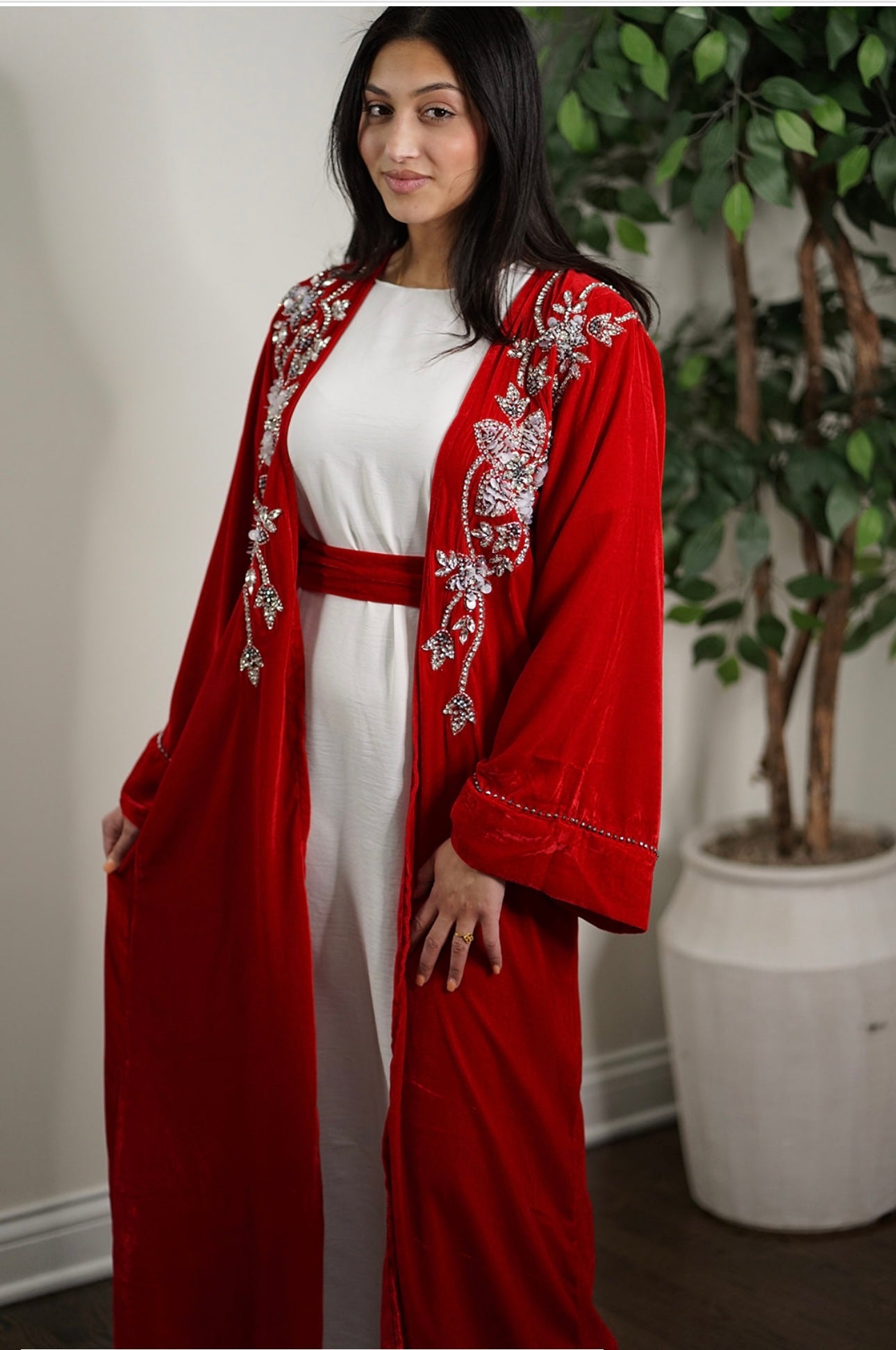 LUXURY VELVET EMBELLISHED FRONT AND BACK EVENING OPEN ABAYA