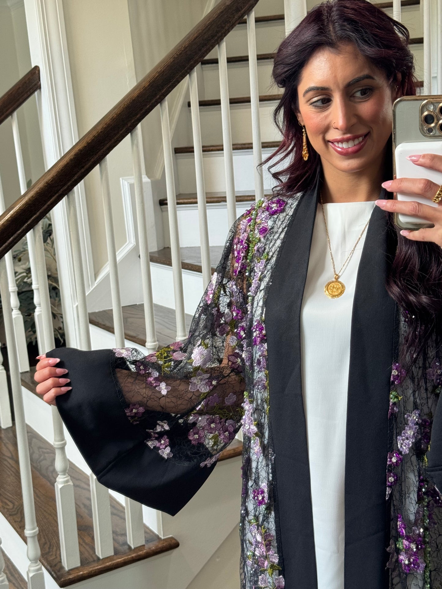 Handwork Embroidered and Beaded Mesh Black Abaya with Wide Sleeves