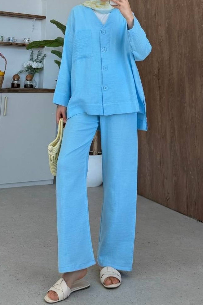Textured Buttoned Pant Set