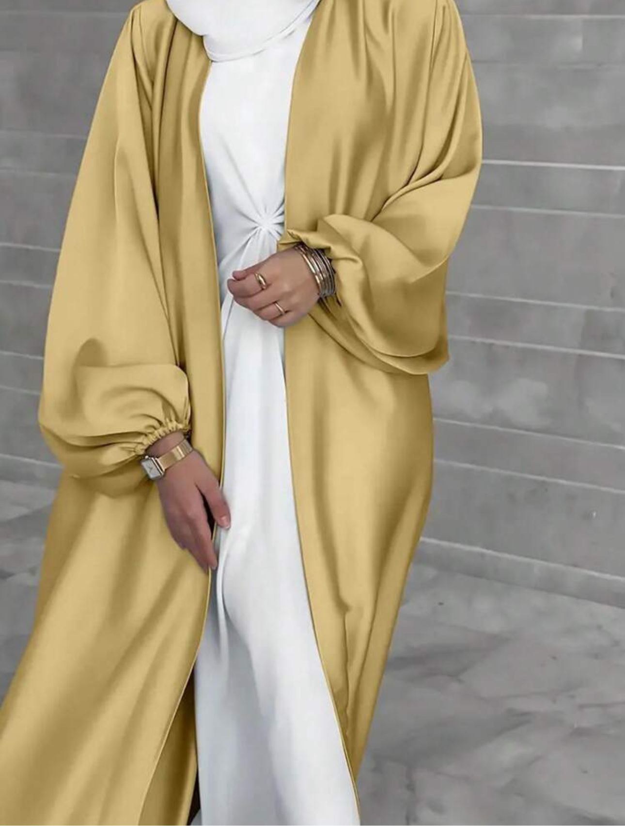 Satin Kimono Cardigan Bubble Sleeves Abaya