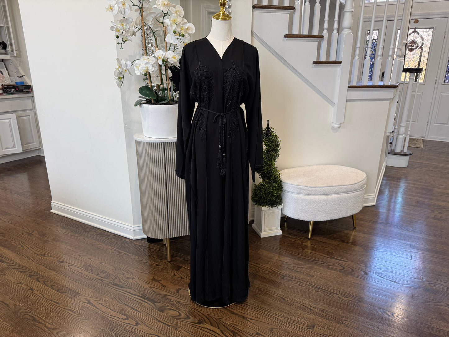 Black Dubai Satin Abaya With Beaded Feather Design
