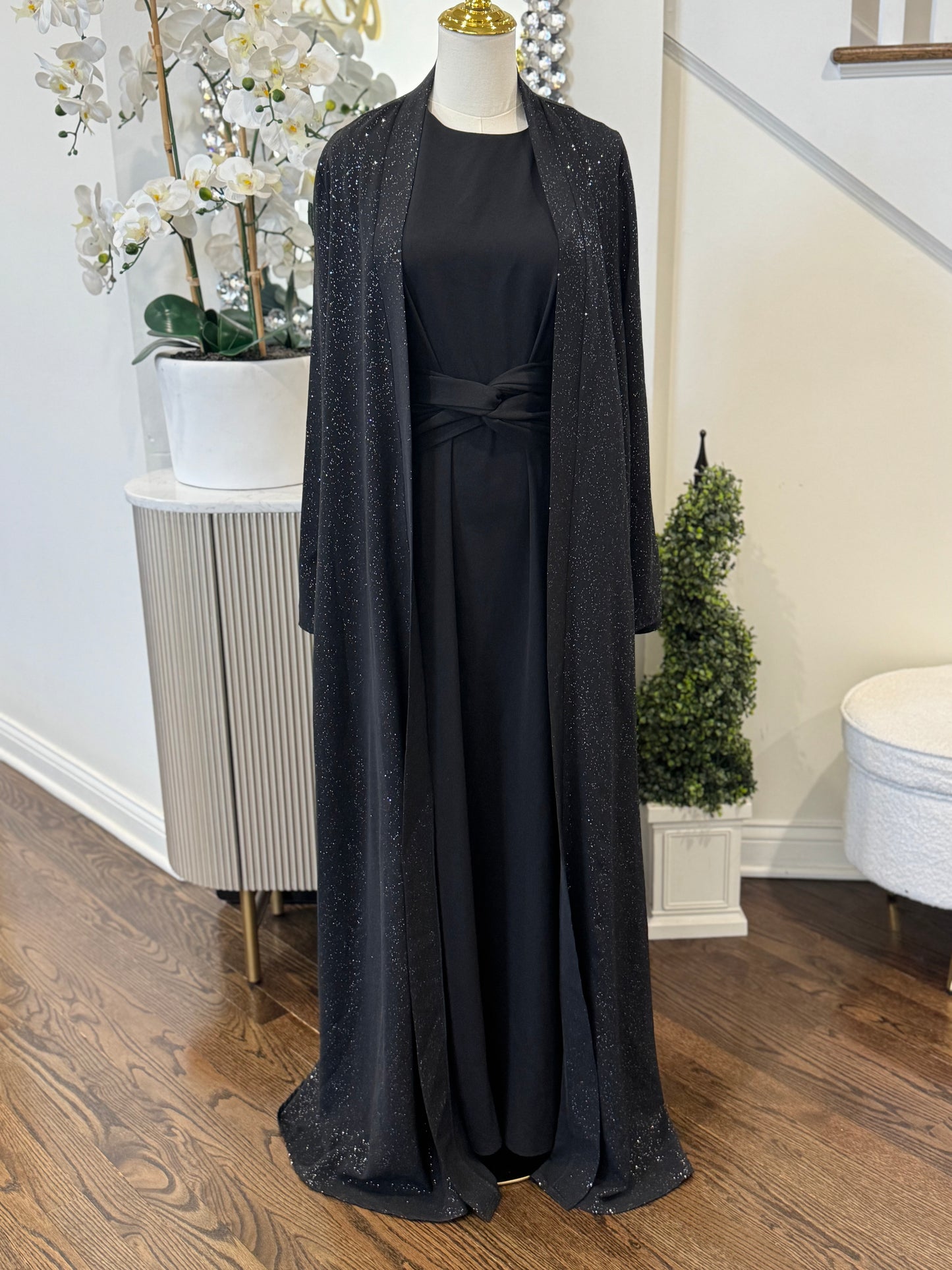 shimmering Chic Waist Wrap Tied Abaya set
