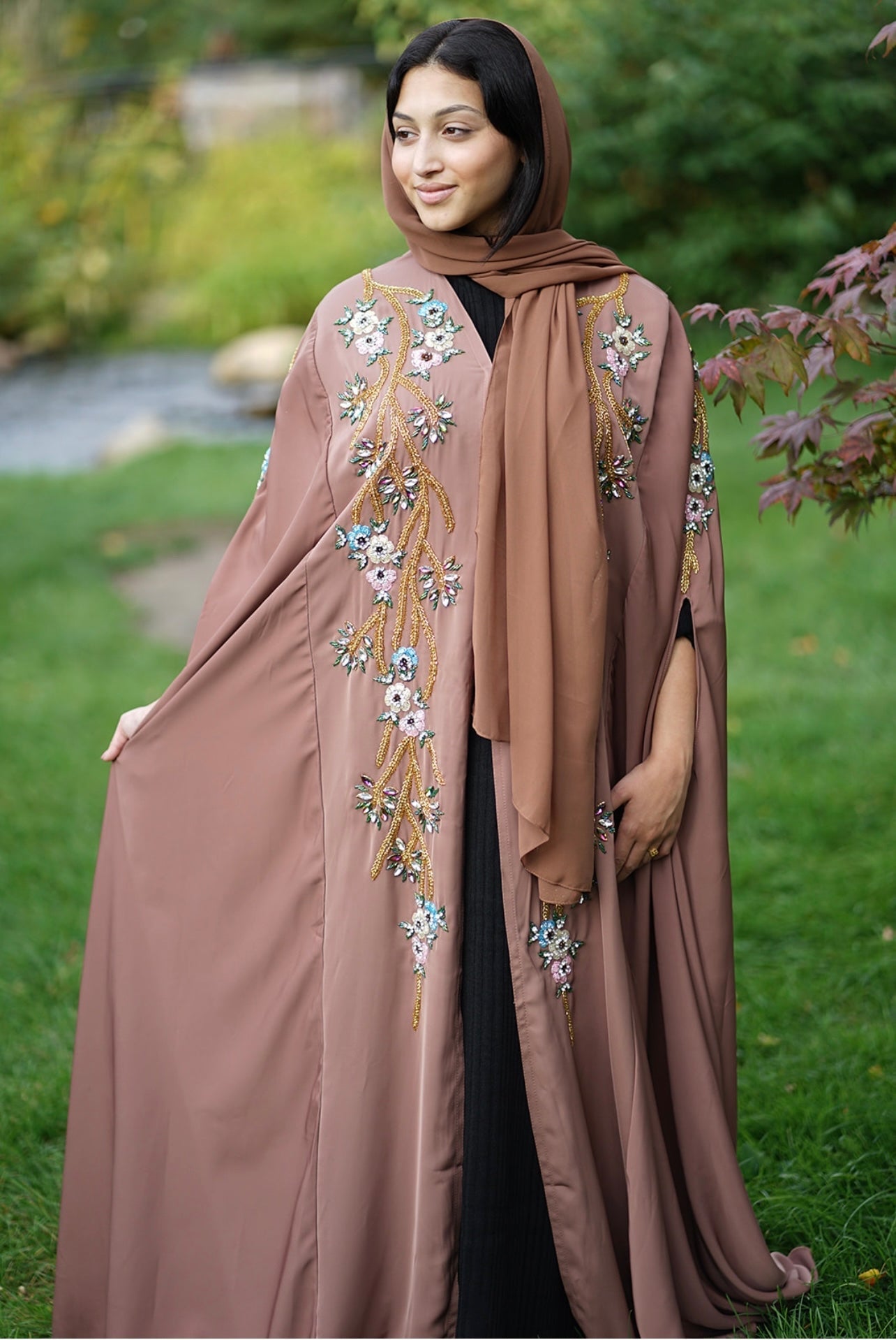 Handwork Embellished Colored beads Luxury Butterfly Cape Opne Abaya Camel Color