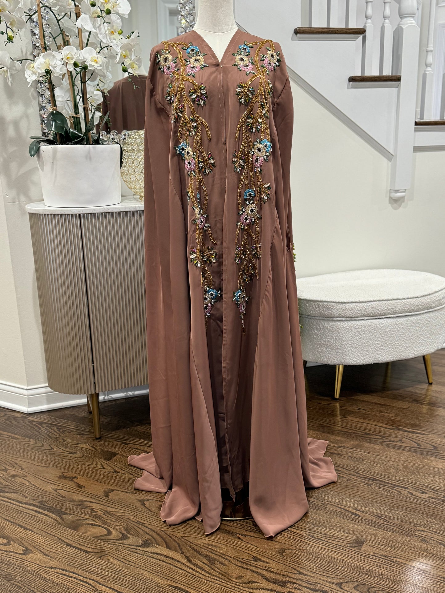 Handwork Embellished Colored beads Luxury Butterfly Cape Opne Abaya Camel Color