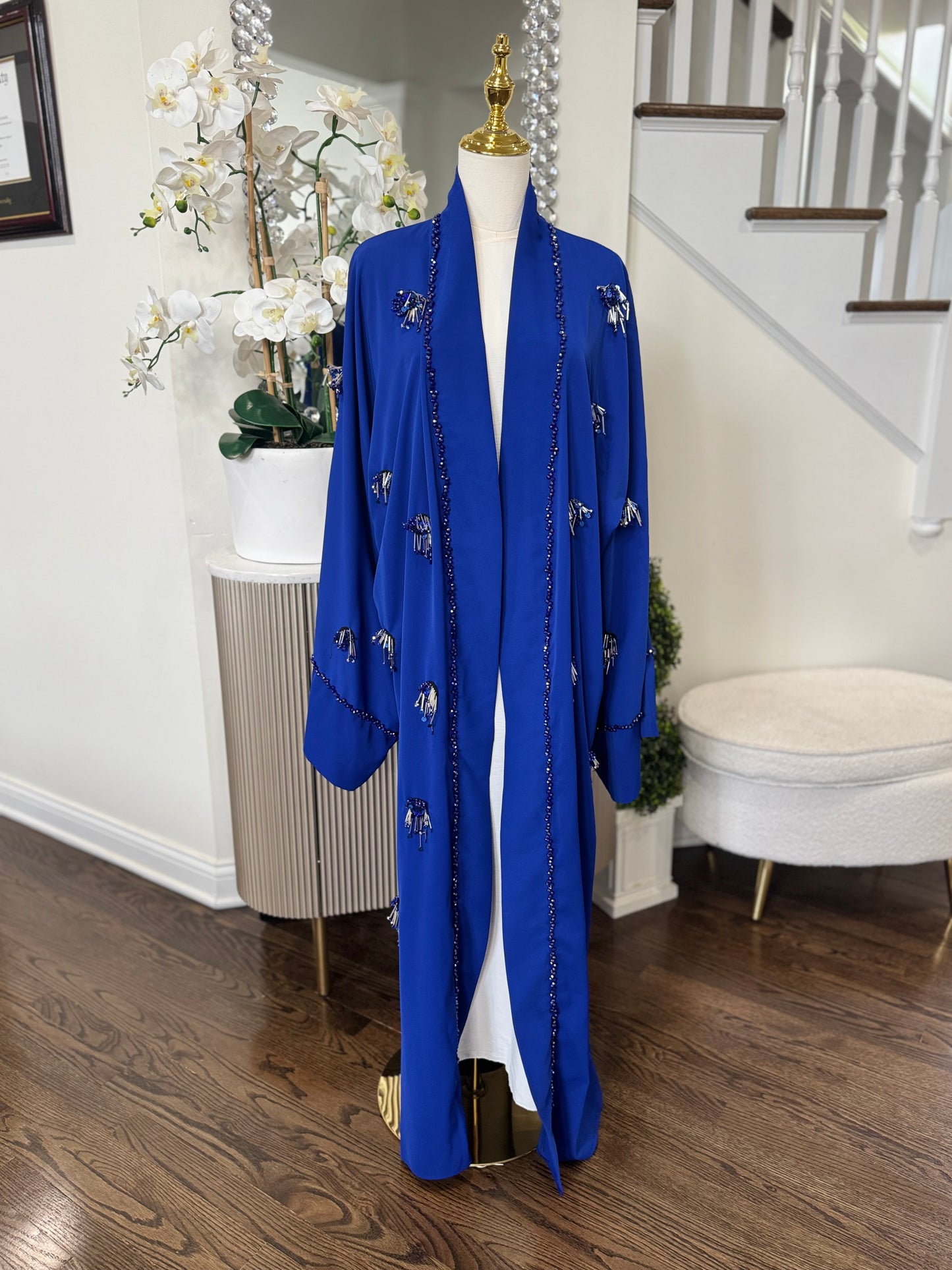 Royal Blue Embellished HandWork Beaded Open Abaya Kimono