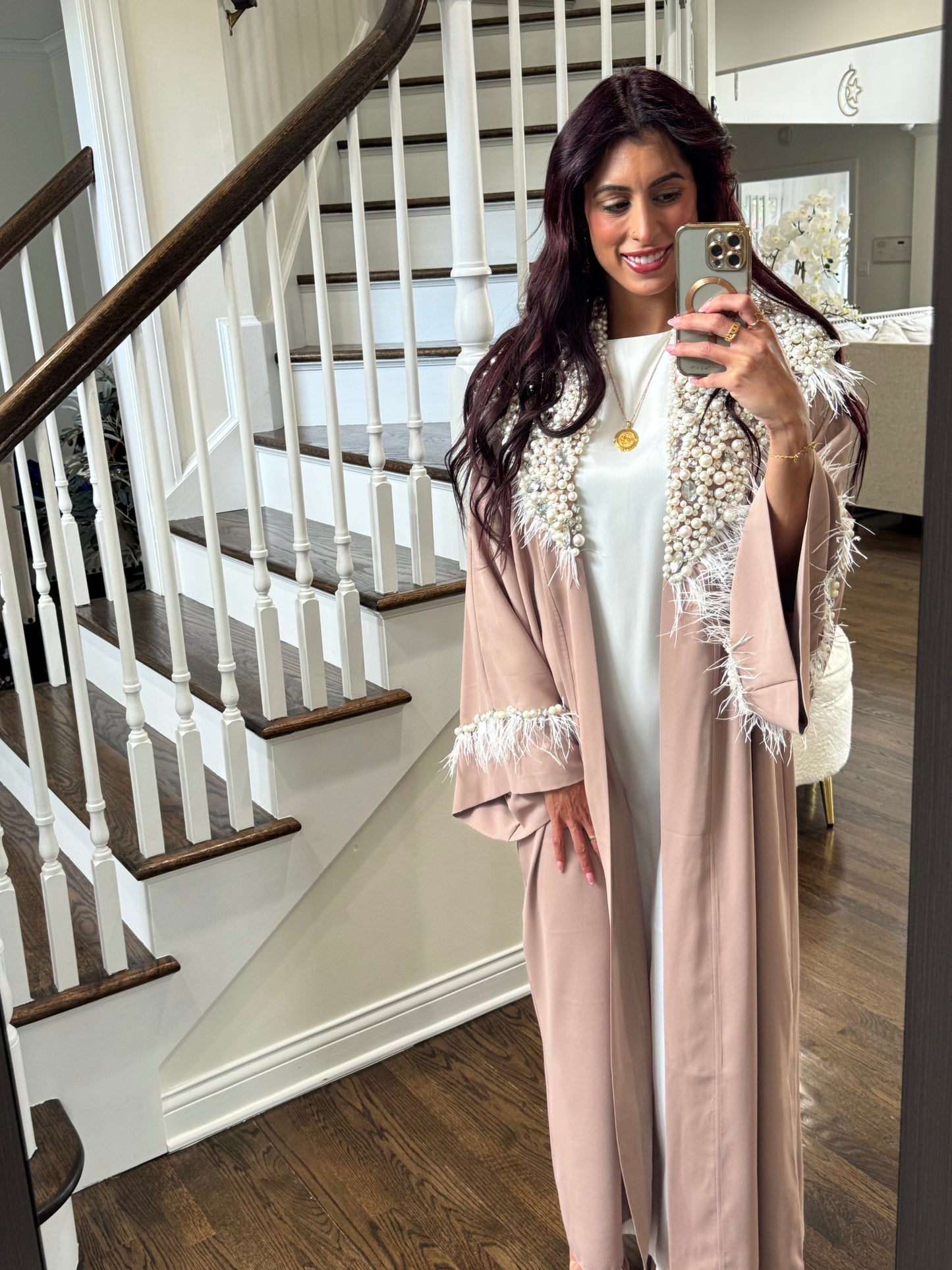 Pearls Mocha Handwork Beaded Open Abaya with Feather Detailing