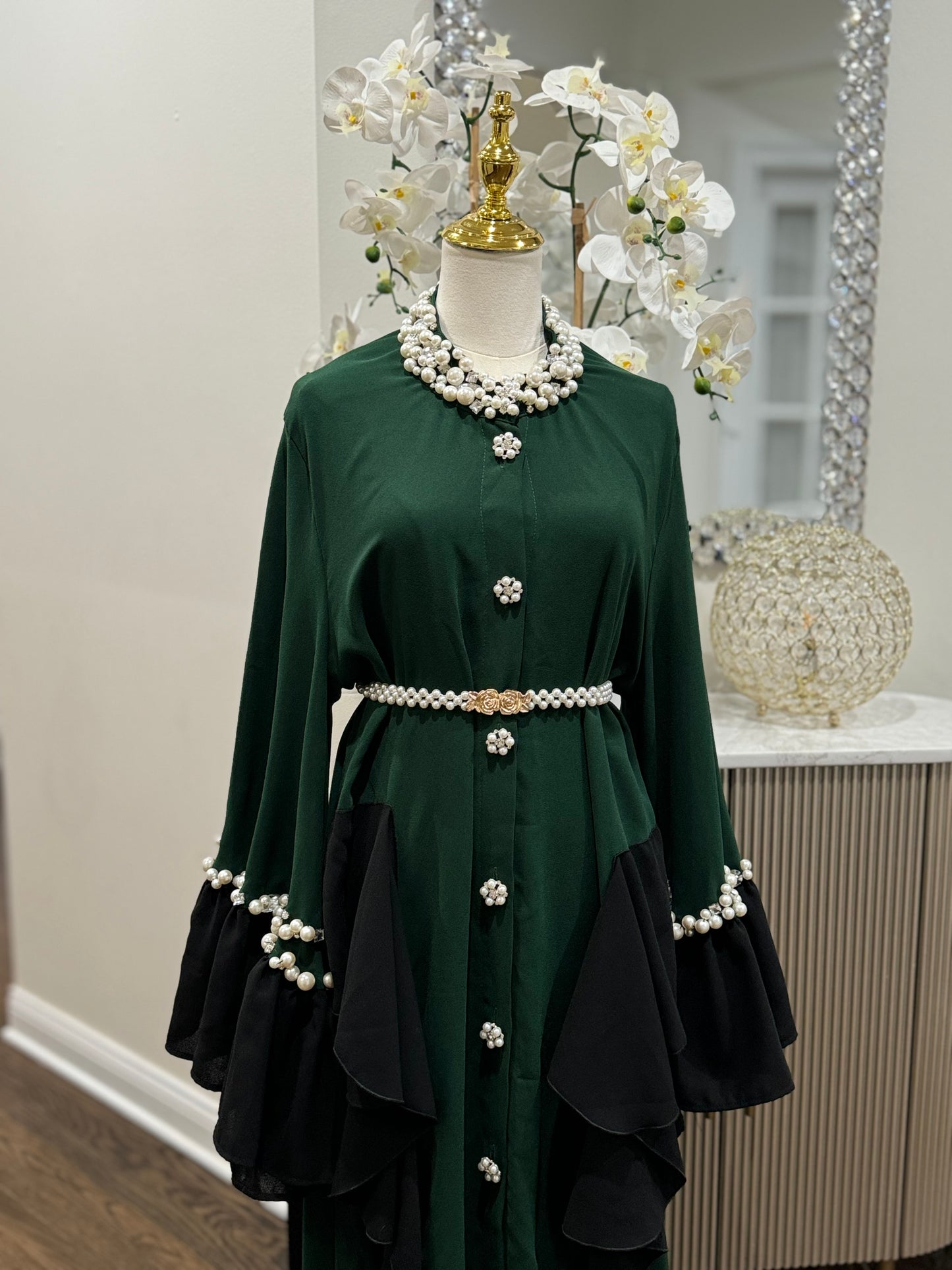 Stunning Pearls/ crystal Neckline Forest Green Dress Abaya