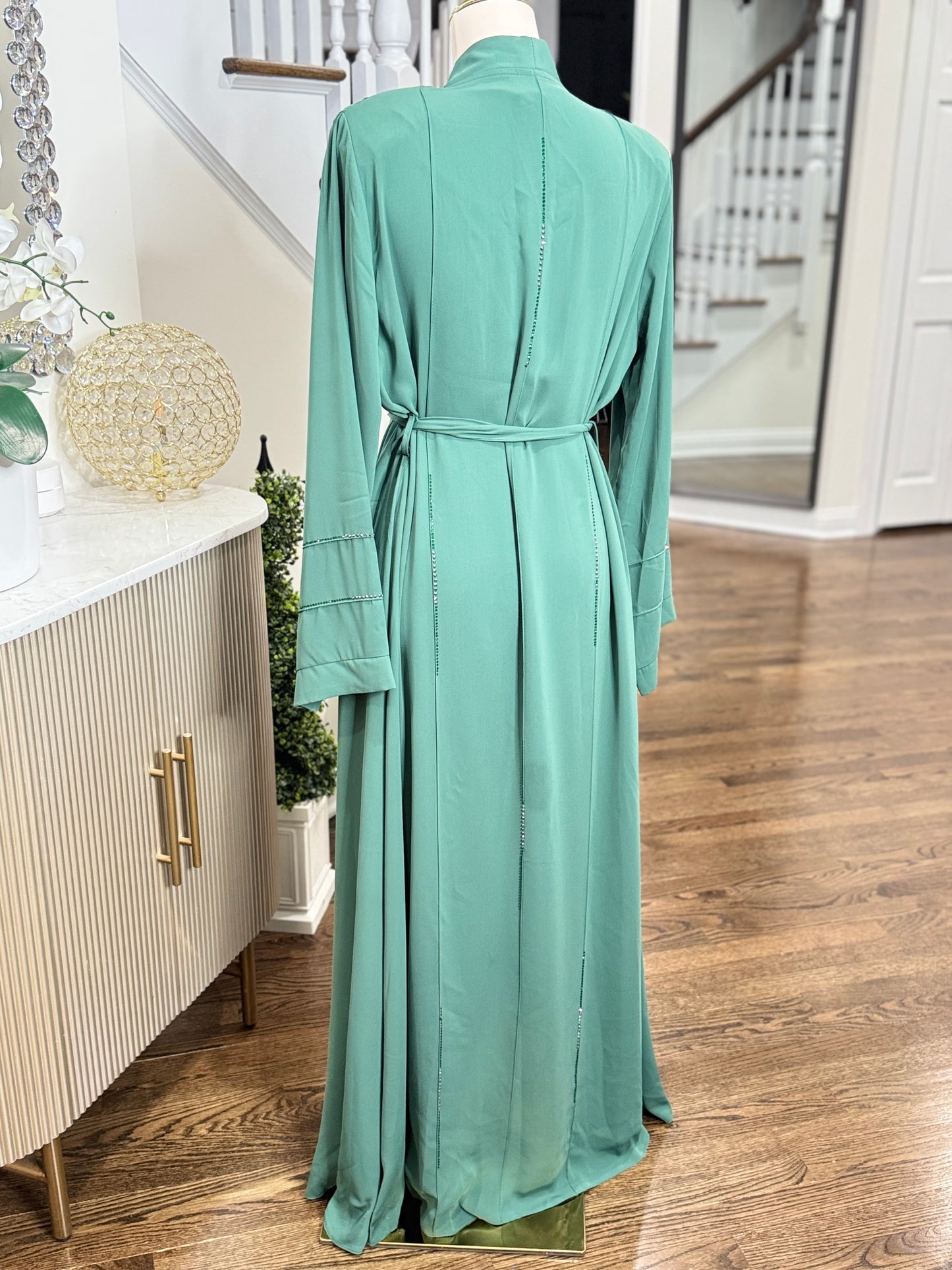 3 Pcs Teal Elegant Rhinestone Embellished open Abaya with belt
