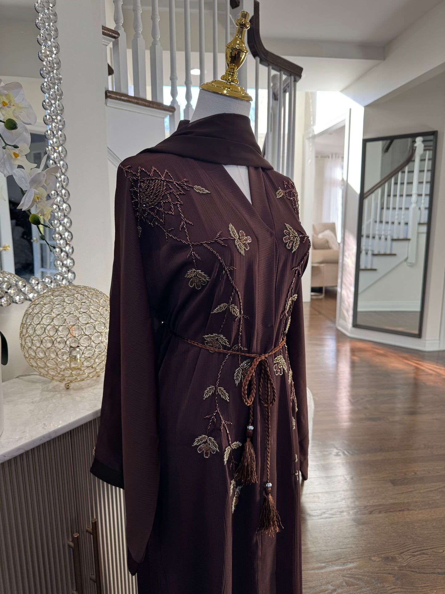 Brown Embellished Dubai Satin Abaya