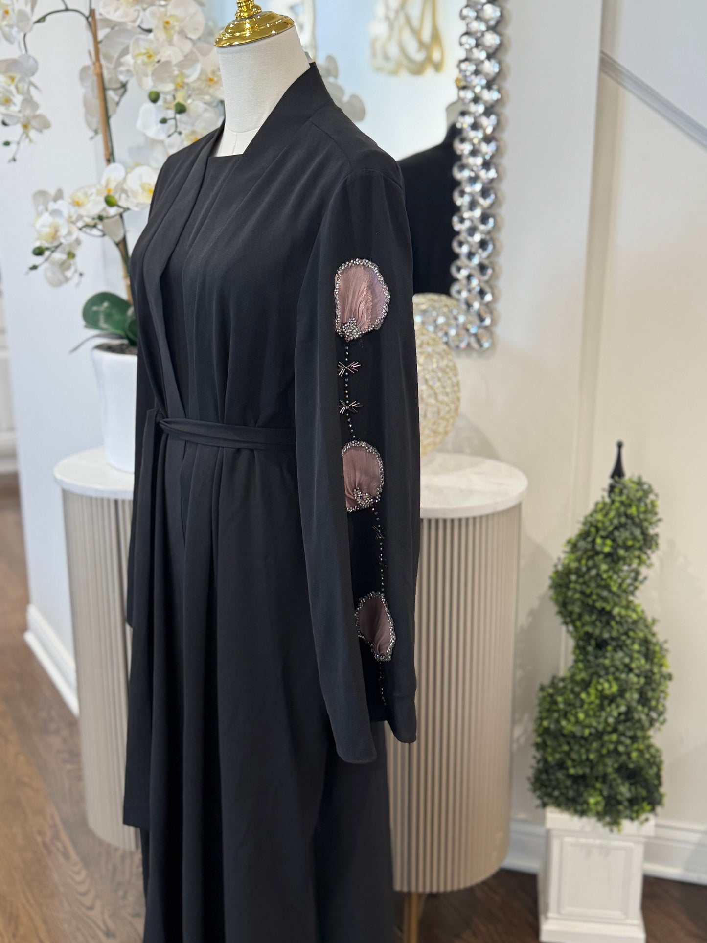 Black Embellished Organza Handwork Flower Abaya set